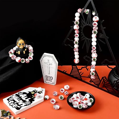Miniatura 3 de 40 cuentas de madera de Halloween, decoración de Halloween, estampado de palmas sangrientas, cuentas de madera con patrón de globo ocular, atmósfera