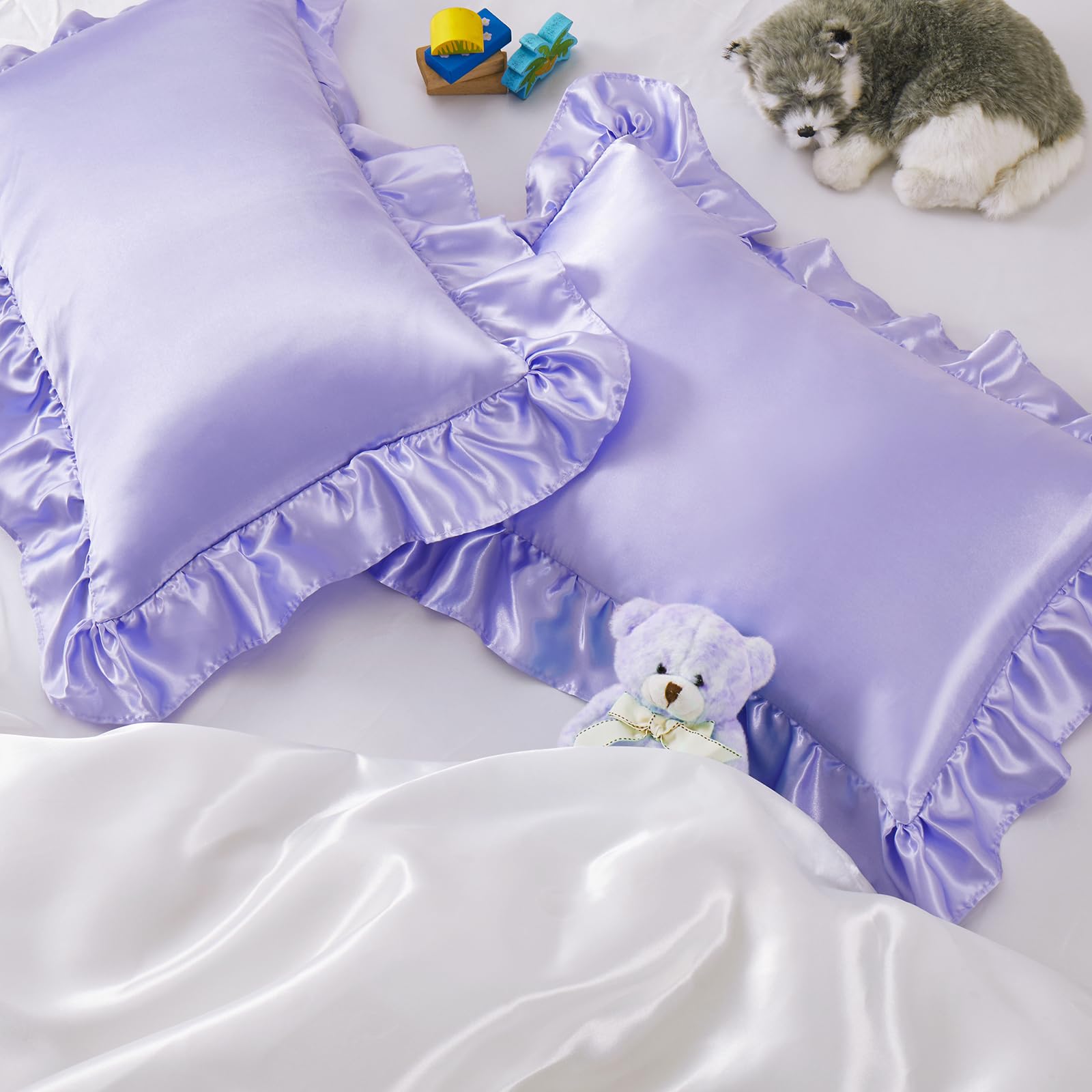 Entisn Ruffle Satin Toddler Pillowcase Set of 2, 14 x 20 Inch Toddler Silky Pillow Shams with Envelope Closure, Anti Wrinkle Soft Nursery Bedding for Girls, Boys (Light Purple)