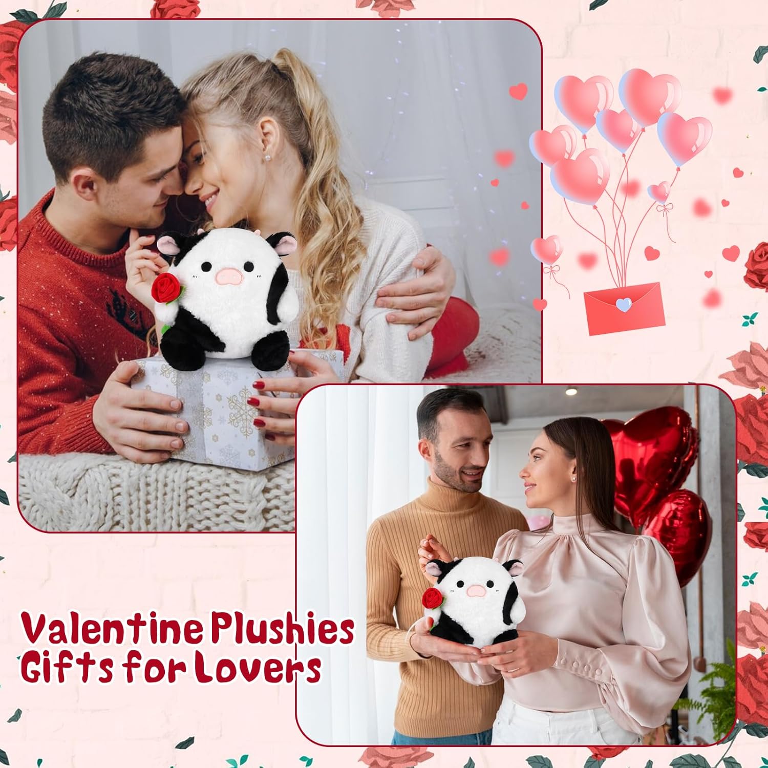 Valentines Plush Cow,8inch Cow Stuffed Animal,Cute & Soft Stuffed Toys with Holding Rose,Valentine Day Party Favors,Kawaii Valentines Day Gifts for Him Her Kids Girlfriend Lover