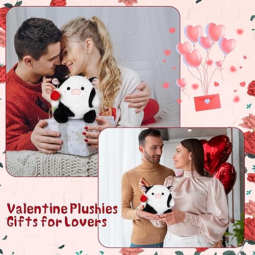 Miniatura 5 de Peluche para el día de San Valentín, animal de peluche de vaca, linda almohada de felpa de vaca con rosa, regalo del día de San Valentín para niños,
