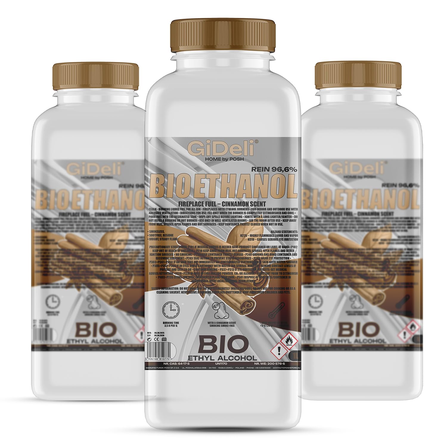 GiDeli Bioetanol 3 x 1 l con aroma a canela 96,6% etanol para chimeneas interiores y exteriores, sin humo ni hollín, de maíz y remolacha azucarera