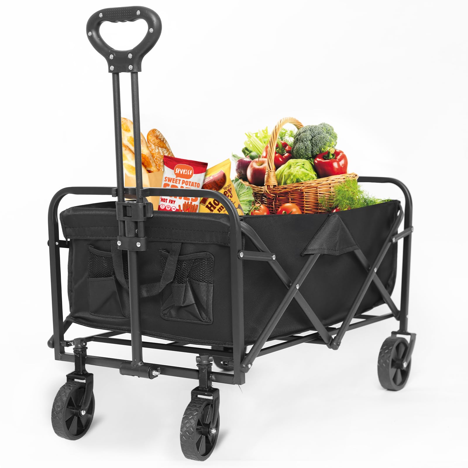 Collapsible Wagons Carts Foldable, Portable Carts with Wheels, Heavy Duty Folding Wagon for Sports, Shopping, Camping - Black