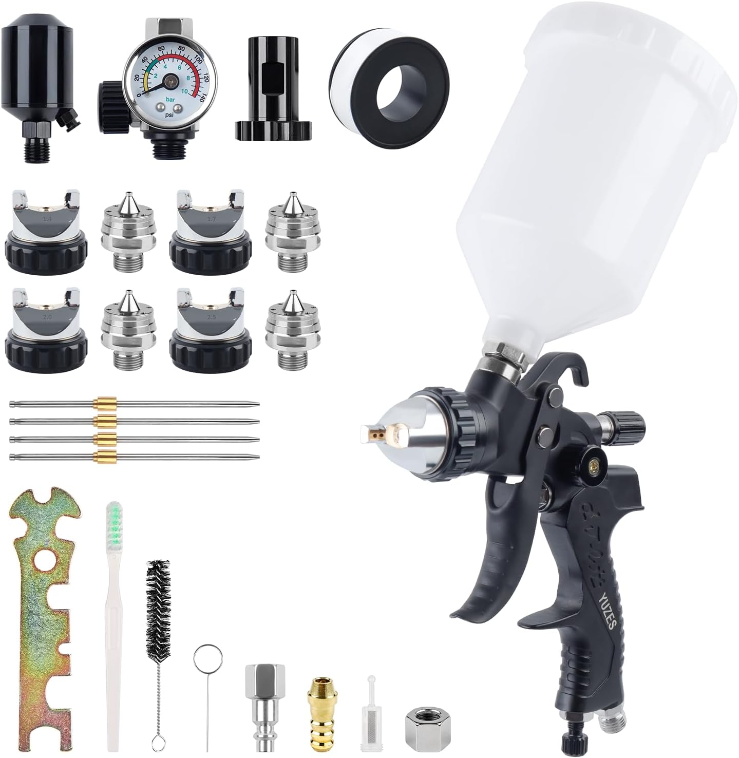 YUZES HVLP Paint Sprayer Gun Kit, Easy to Use, 1.4/1.7/2.0/2.5mm Nozzles Air Spray Gun for Painting Cars & Furniture DIY Painting, Paint Spray Gun Kit for Auto Paint, Primer, Clear/Top Coat & Touch-Up