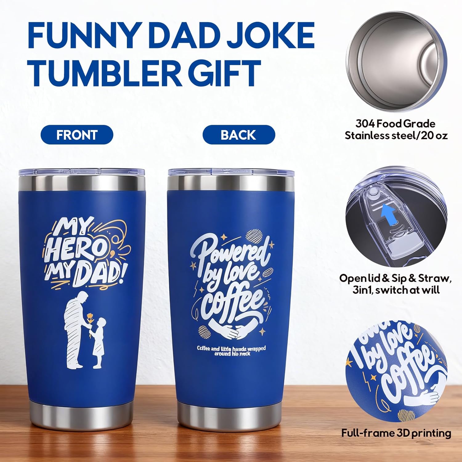 Gifts for Dad, 20oz Travel Tumbler from Daughter Son - Stainless Steel Insulated Cup with Lid, Leakproof Travel Mug for Coffee, Chrismas and Birthday Gift for Him,Blue - Image 2