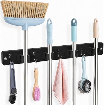 AceMining Broom Holder Wall Mounted, Black 4 Holders and 4 Hooks Mop Holder, Wooden Mop and Broom Holder with Anti slip rubber, Natural pine wood Brush Holder, Mop Wall Holde with Nail installation