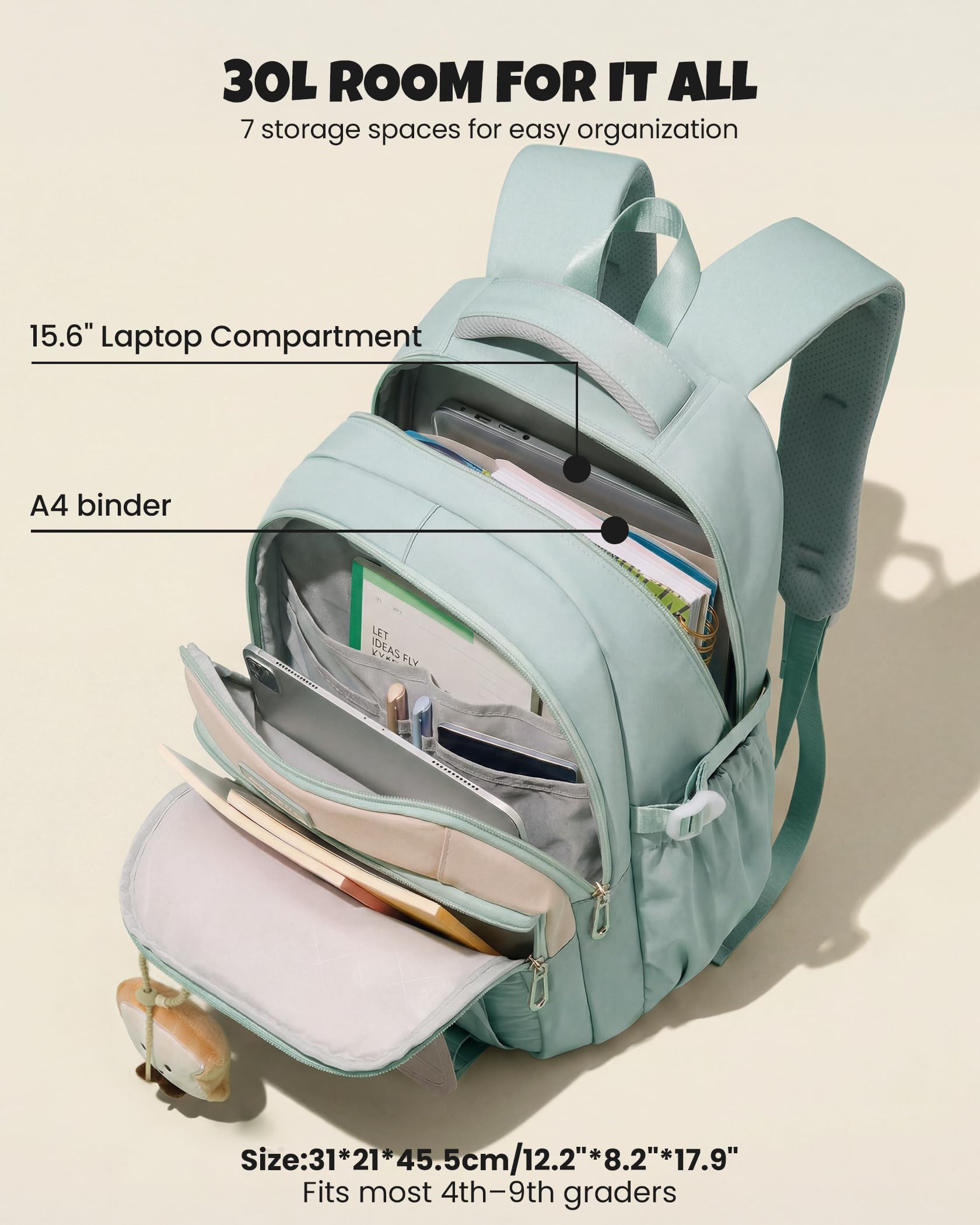 Amythe Mochilas Escolares de Niña Adolescente - Mochila Colegio Chicas 10 12 16 18 años - Mochila Grande para portátil con Bonito Colgante - Mochila de Viaje Casual Ligera e Impermeable -Verde