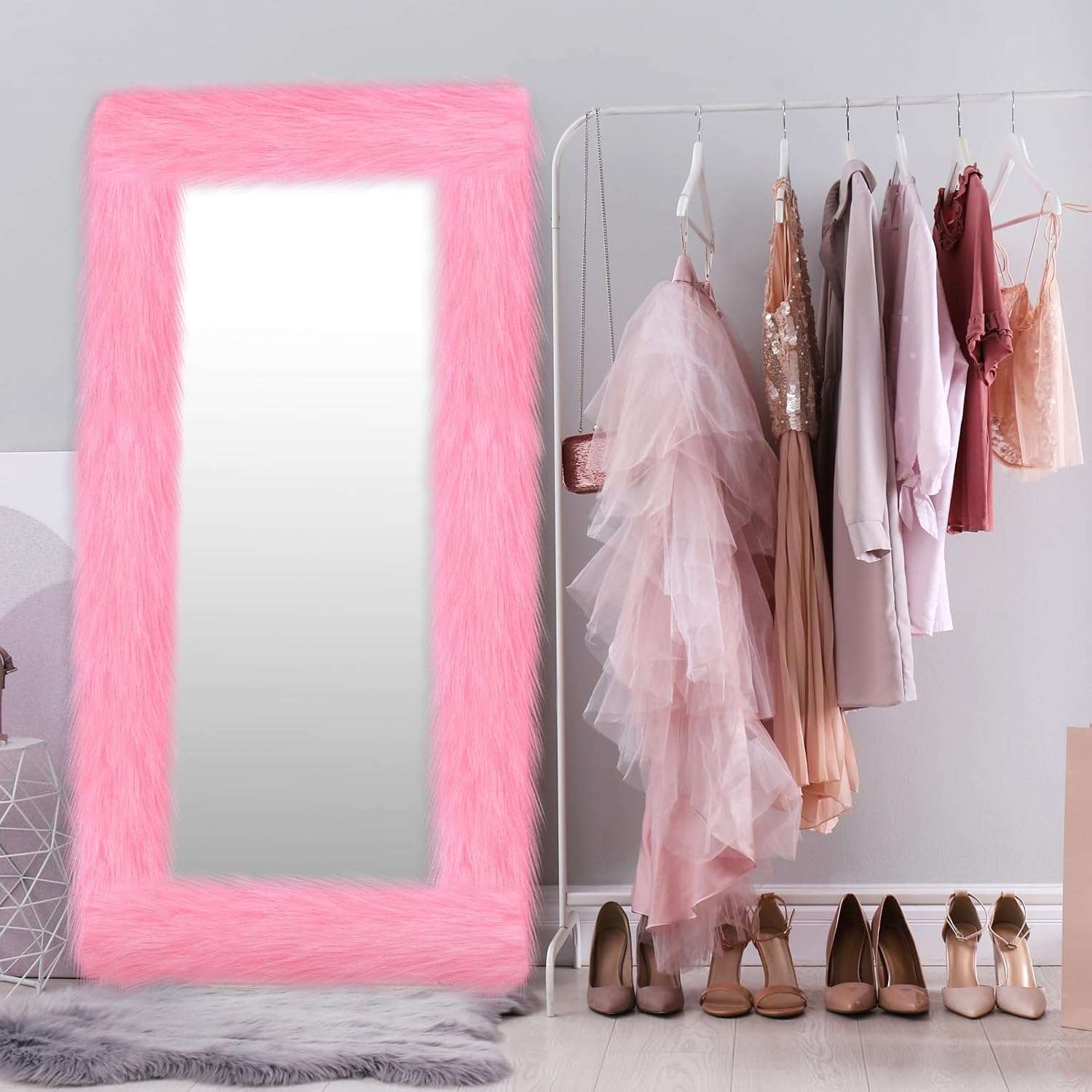 Pink Fluffy Full Length Mirror Frame Decor 64 x 21 Inch Universal Ultra Soft Non Slip Border Cover with Adhesive Tape for Mirror with Stand Bedroom Cloakroom Home Decoration Women Girls Gifts