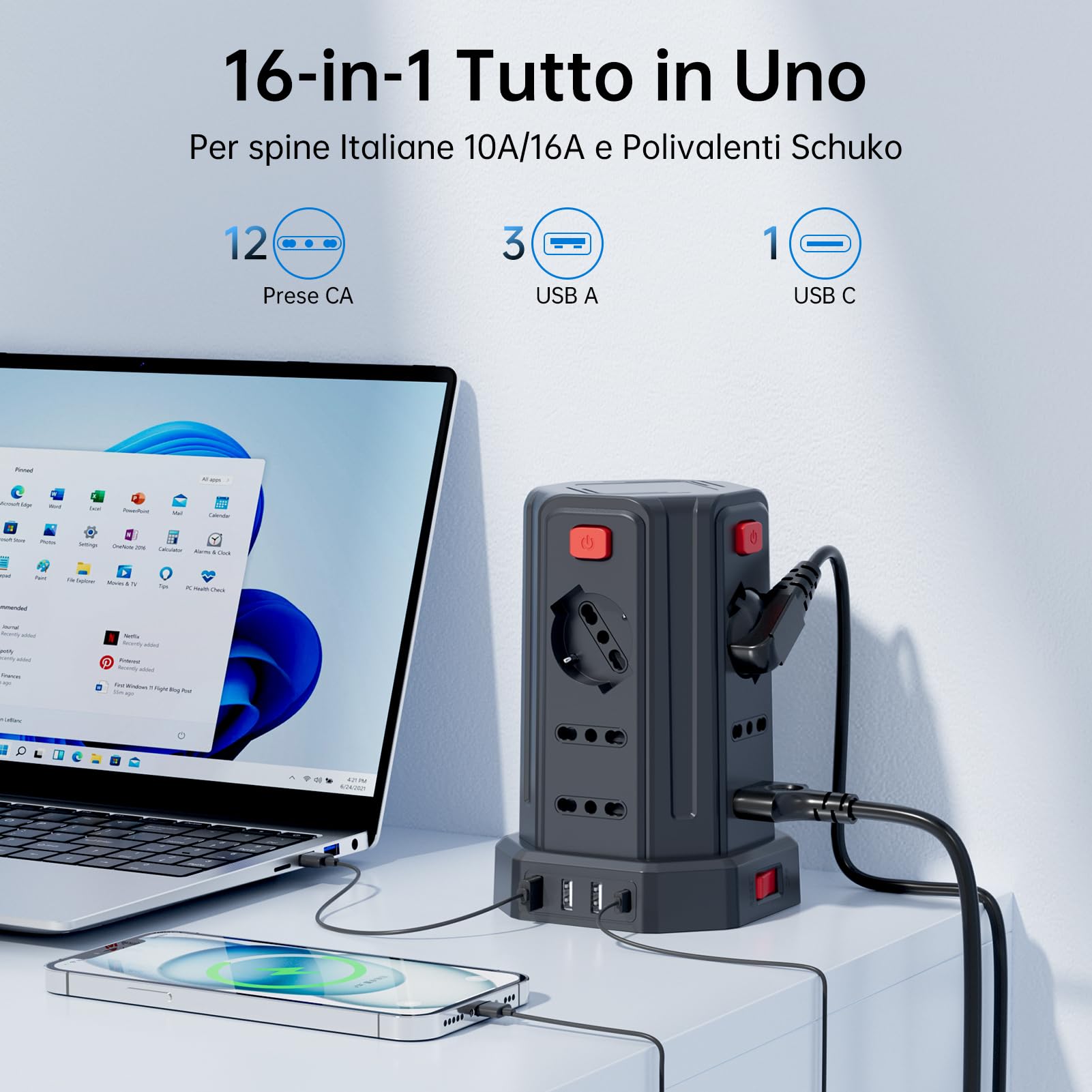 Regleta eléctrica de 5 m con 12 tomas universales ITA y Schuko, 4 USB