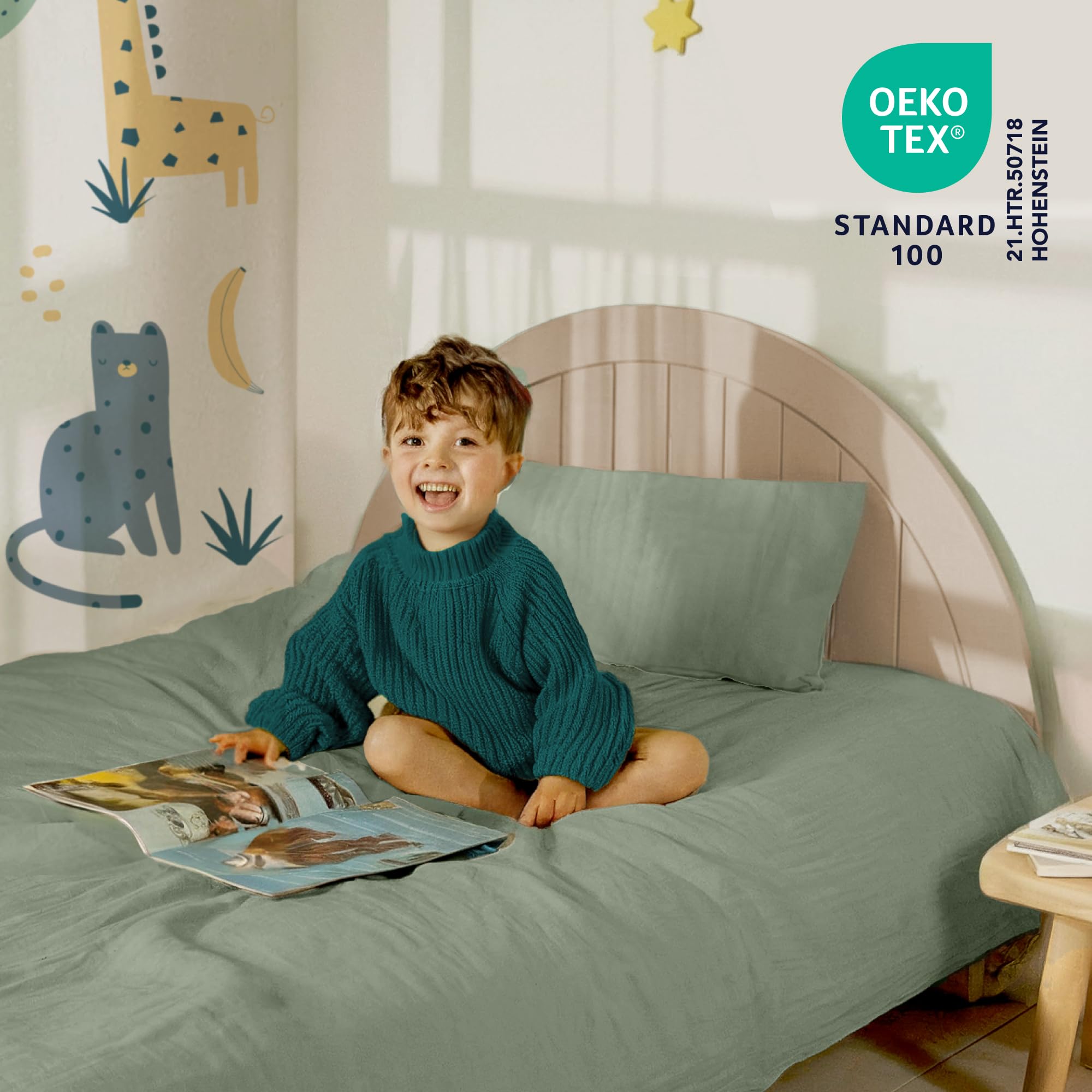 Dreamzie Parure de Lit 100x135 Enfant en 100% Coton - Housse de Couette Gaze de Coton 100x135 cm + Taie d'oreiller 40x60 cm, Certifié Oeko-TEX - Couleur Vert