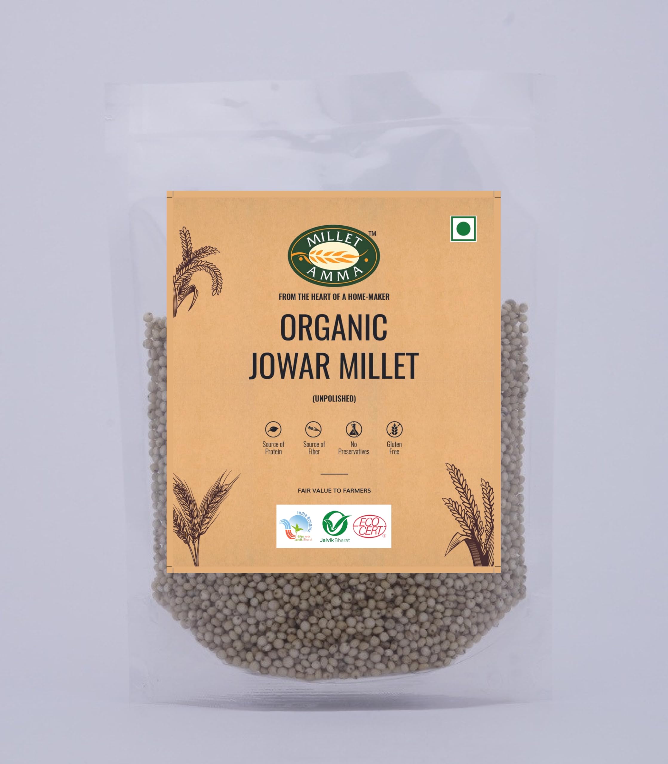 Millet Amma CERTIFIED ORGANIC Jowar Millet - 2 Kg (500g x 4 Packs) | Unpolished Millet Grains | ( Sorghum , Jonna , Jola , Cholam ) | Healthy & High Fiber , Gluten Free | Suitable for Multiple Millet Recipes | 100% Vegan