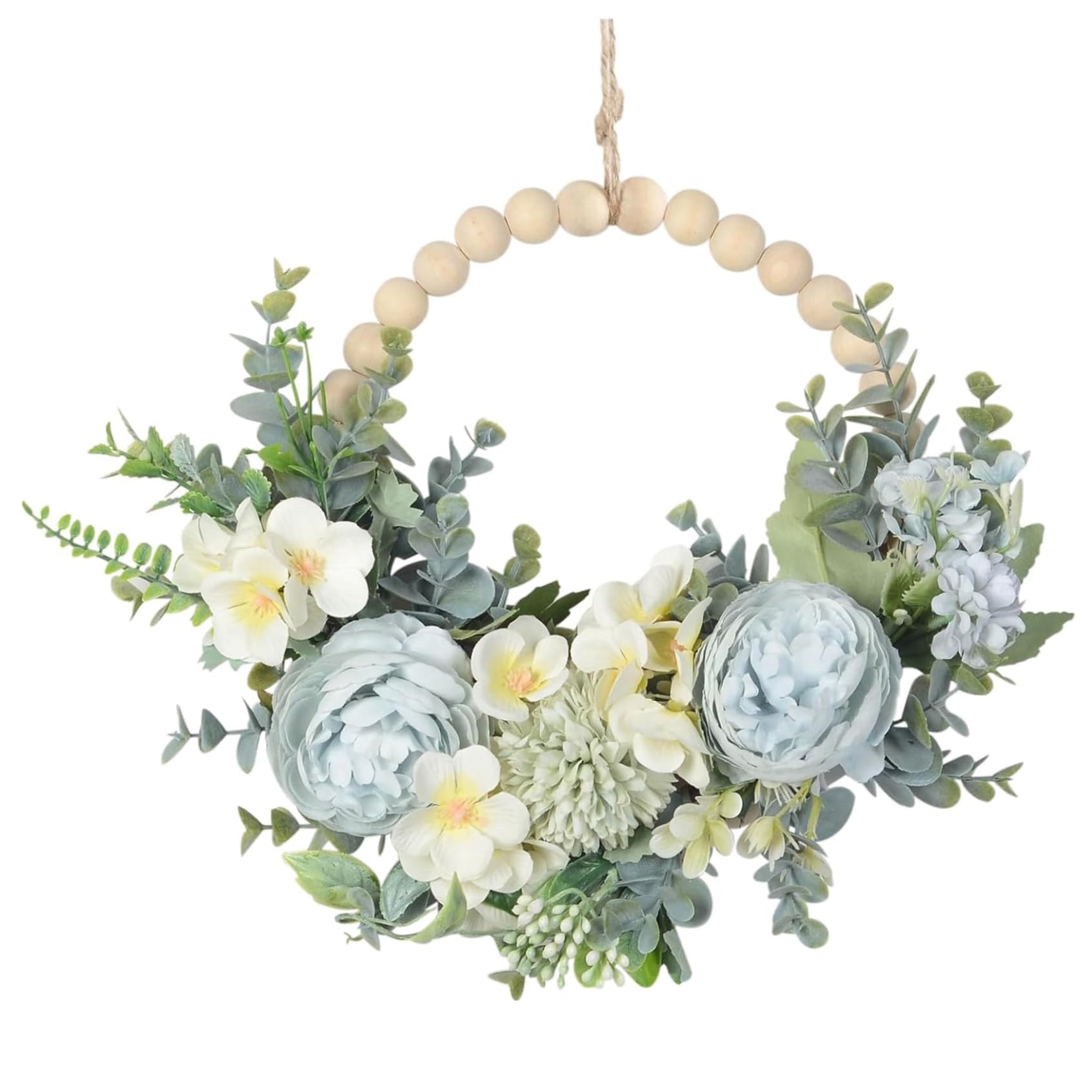Hintyne Door Wreath Spring Wreaths for Front Door, 14x9 Lifelike Floral Blue Wreath with Wood Bead, Flowers and Green Leaves, Hanging for Home Wall Window Decor