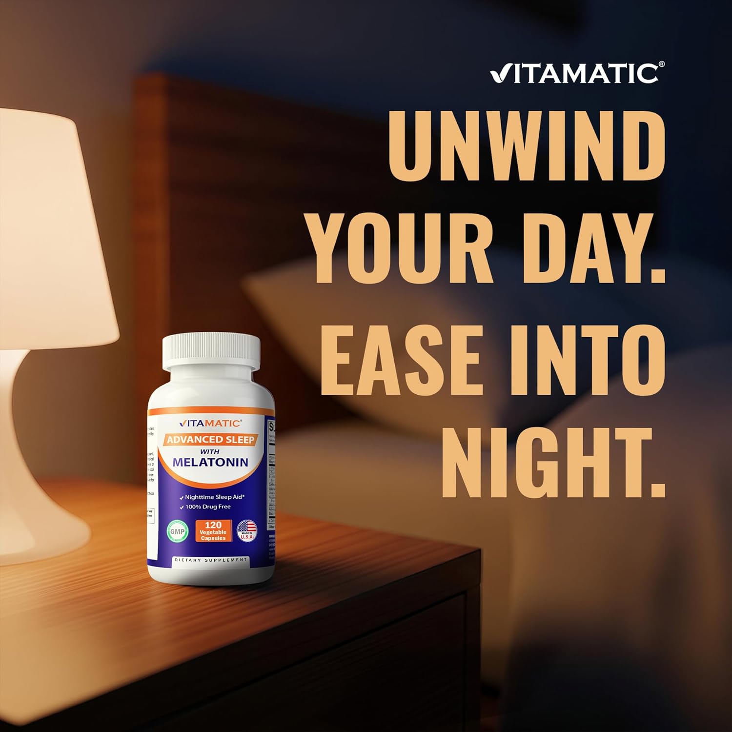 Vitamatic Advanced Sleep Aid with Melatonin - 120 Vegetable Capsules Made with B6, Magnesium, L-Theanine, L-Tryptophan, 5-HTP, GABA, Valerian, Chamomile, Passion Flower, Ashwagandha & Black Pepper