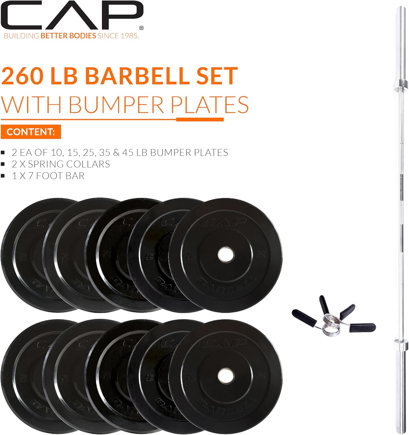 CAP Barbell Olympic Weight Set with 7ft Barbell & Bumper Plates | 160-370 lbs | Multiple Options