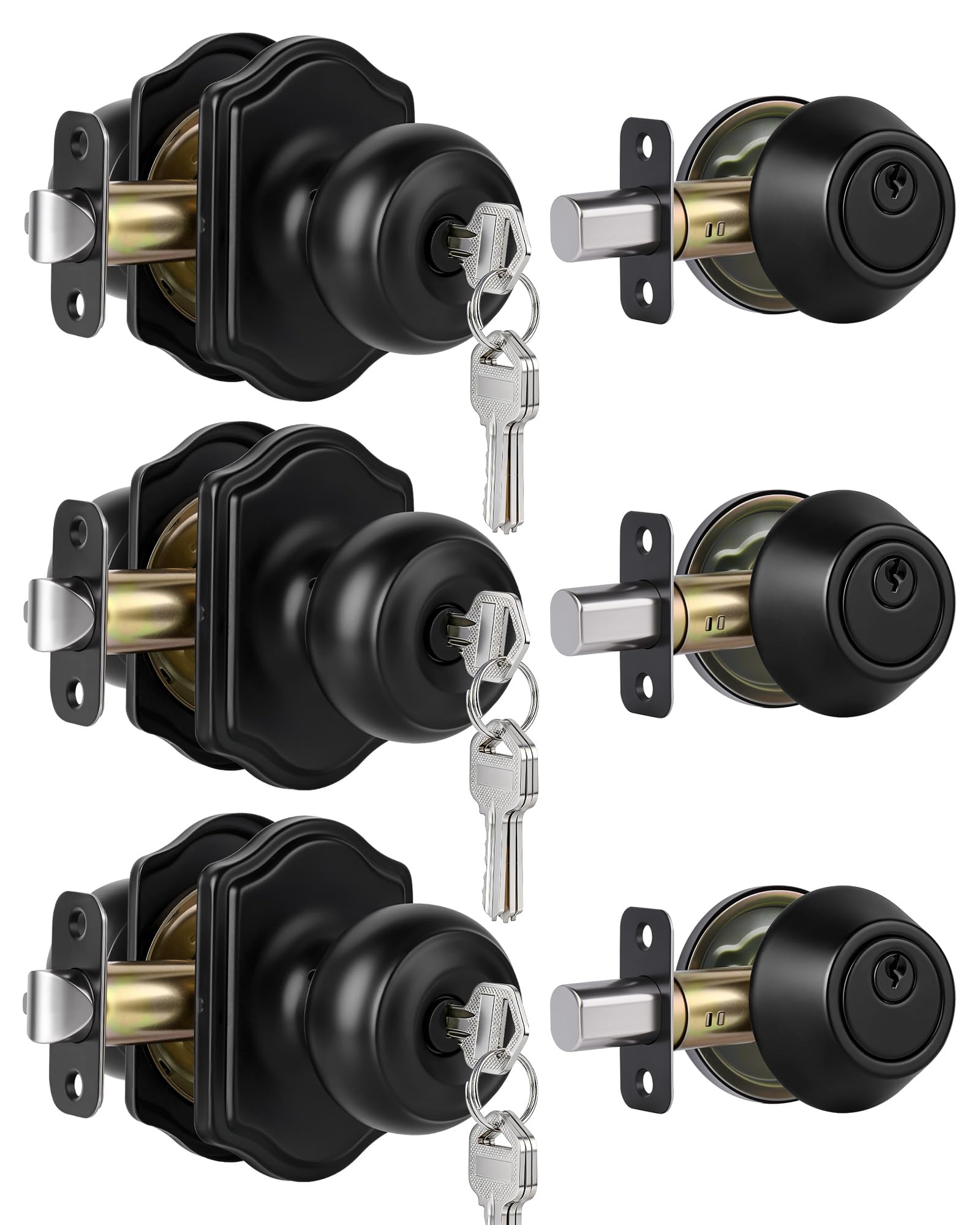 Keyed Alike Entry Door Knobs with Single Cylinder Deadbolt Lock, 3 Set