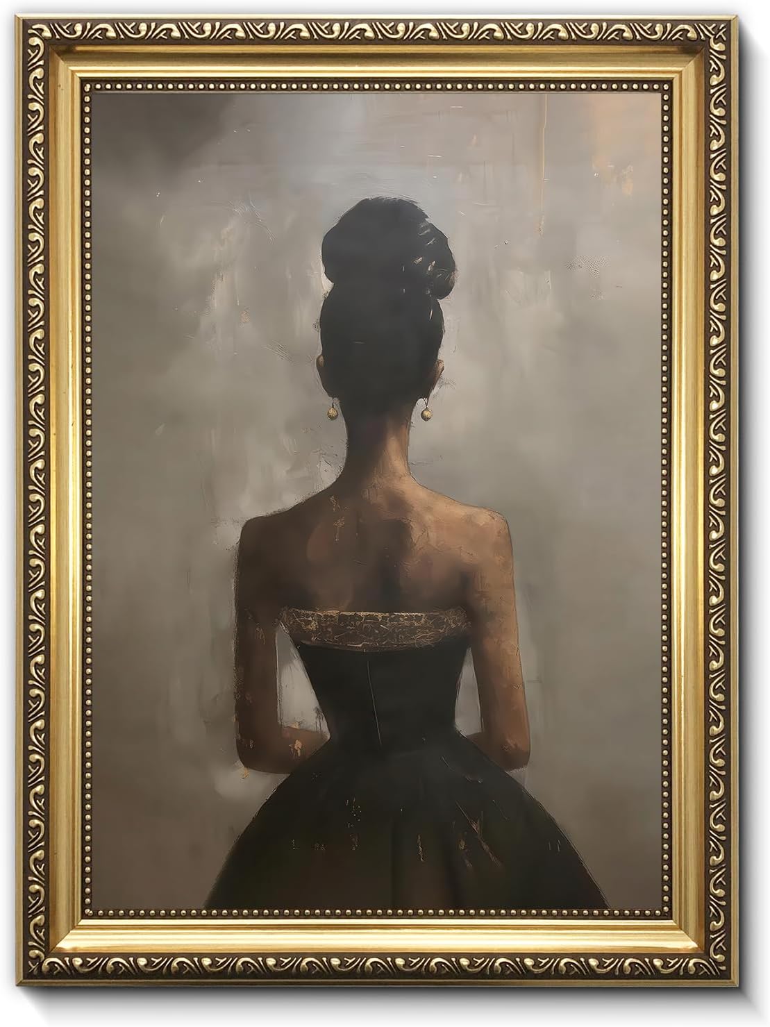GVPHVRA Vintage Two-Tone Gold Ornate Framed Elegant Lady in Black Dress Back Canvas Prints Wall Art, No Drilling Required Ready to Hang, for Dressing Room, Bedroom, 12x16 Inch