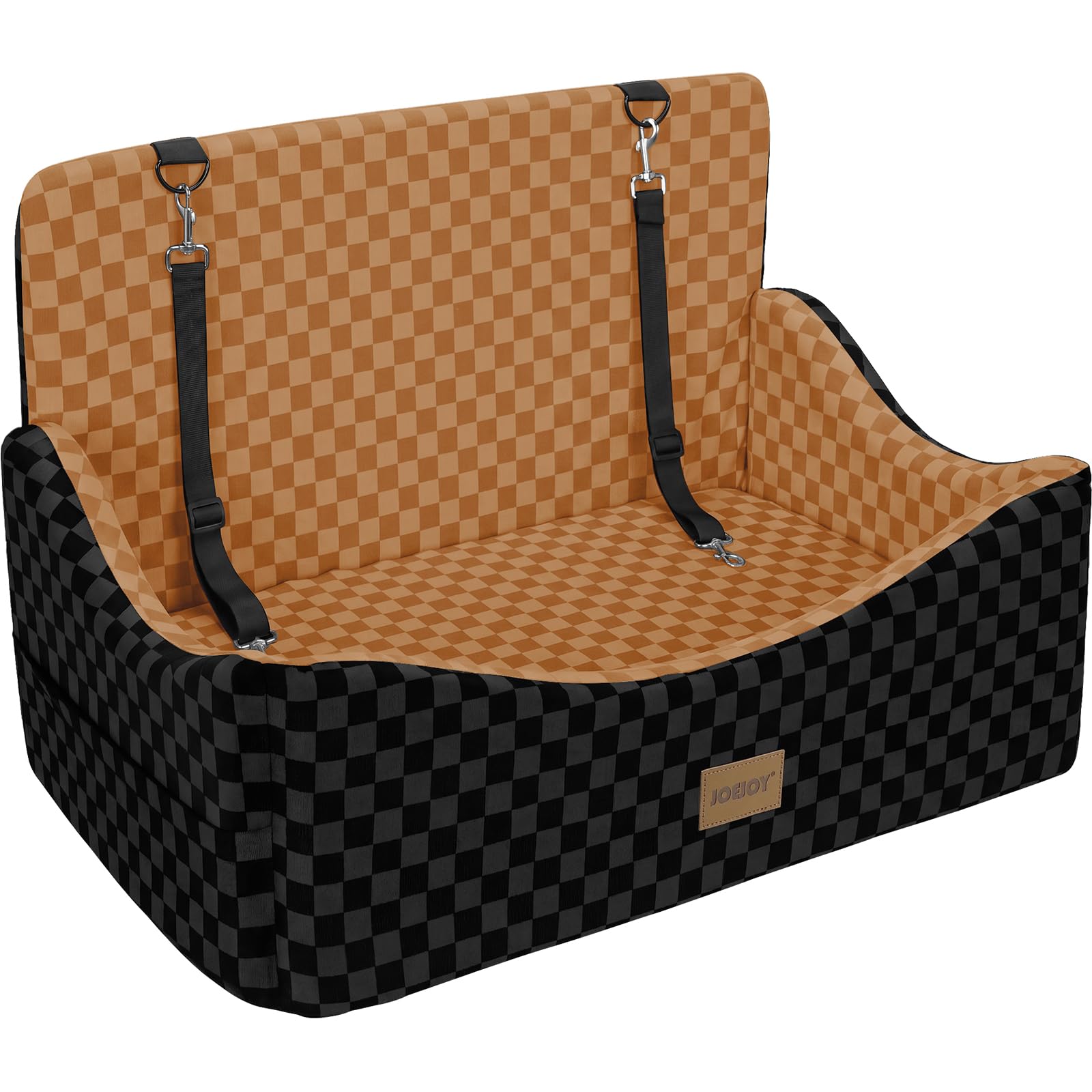 JOEJOY Dog Car Seat for Medium/Large Dogs - Reversible Dual-Sided Travel Dog Car Bed with Memory Foam, Washable Pet Booster Seat for Dogs up to 55 lbs or 2 Small Dogs, 2 Safety Leashes, Brown