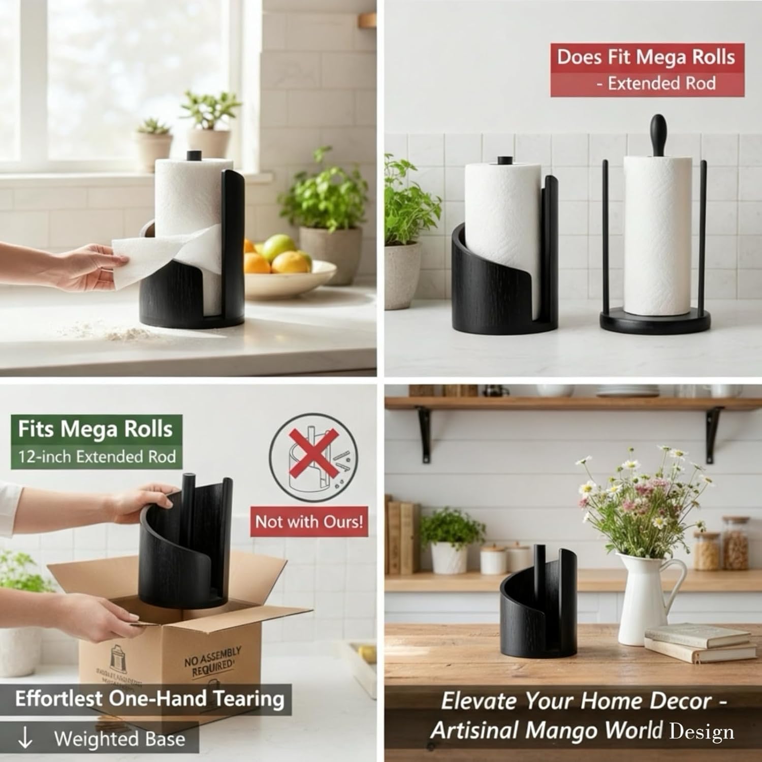 Wood Paper Towel Holder Countertop Paper Towel Stand - Handmade Mountain Mango Wood Decor, Heavy Duty Base for One-Hand Self-Tearing, No Assembly, Fits Mega Rolls for Kitchen (Black)