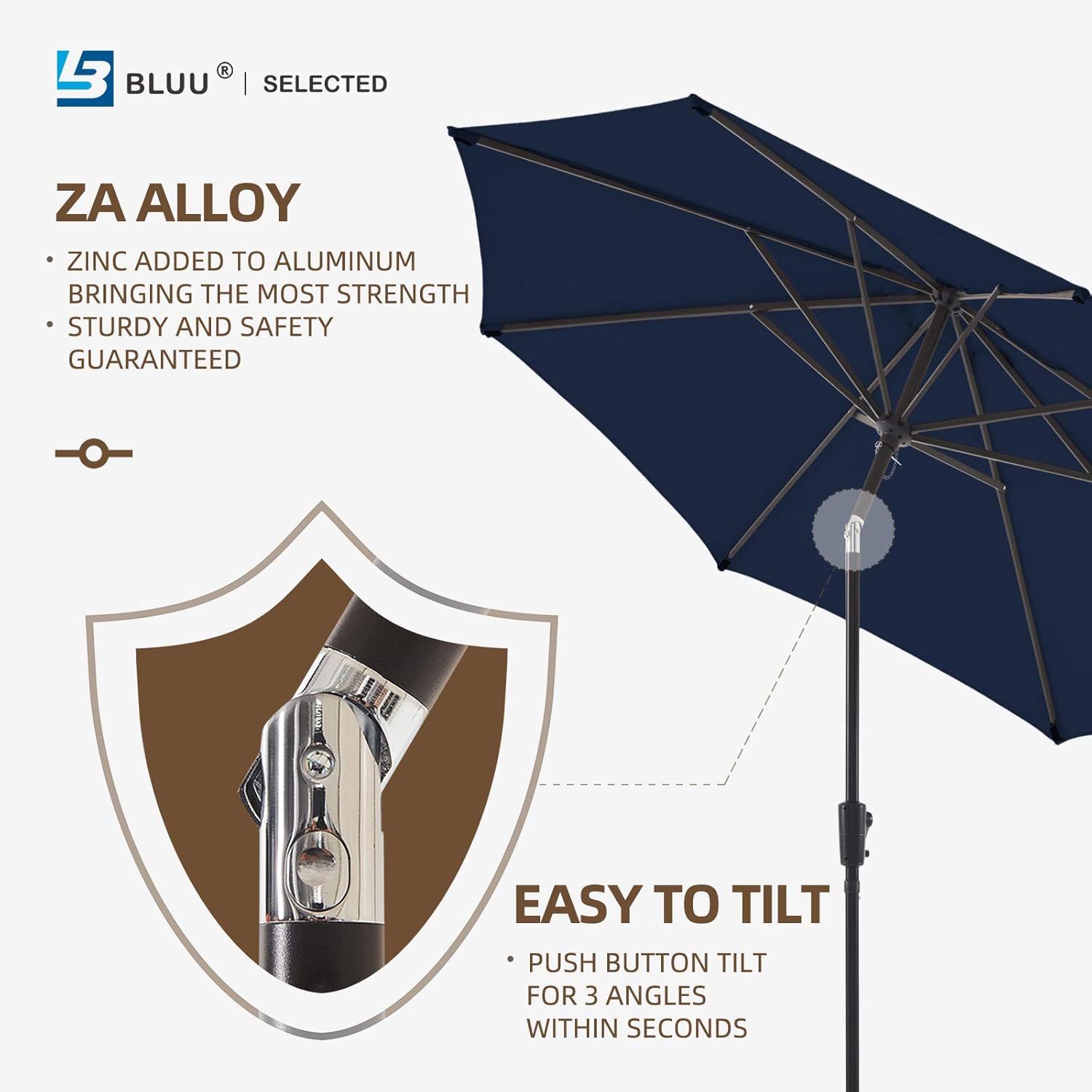 BLUU MAPLE Navy 10 FT Patio Umbrella with 3-Year Color Fastness Olefin Canopy, Market Umbrellas with 8 Strudy Ribs & Push Button Tilt for Garden, Lawn & Pool