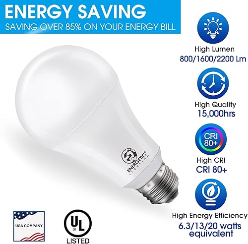 Miniatura 3 de Energetic Lighting Bombilla LED A21 de 3 vías superbrillante de 50100150 W, 80016002200 lúmenes, luz diurna de 5000 K, no regulable, base E26,