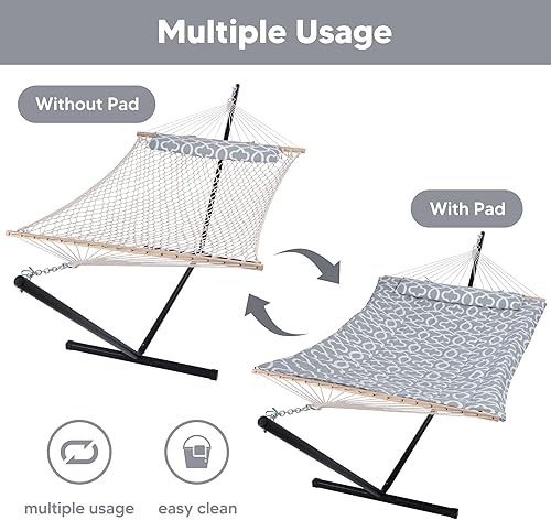Miniatura 3 de SUNCREAT Hamaca doble para exteriores con soporte, hamaca de cuerda de algodón para dos personas con almohadilla de poliéster, patrón circular