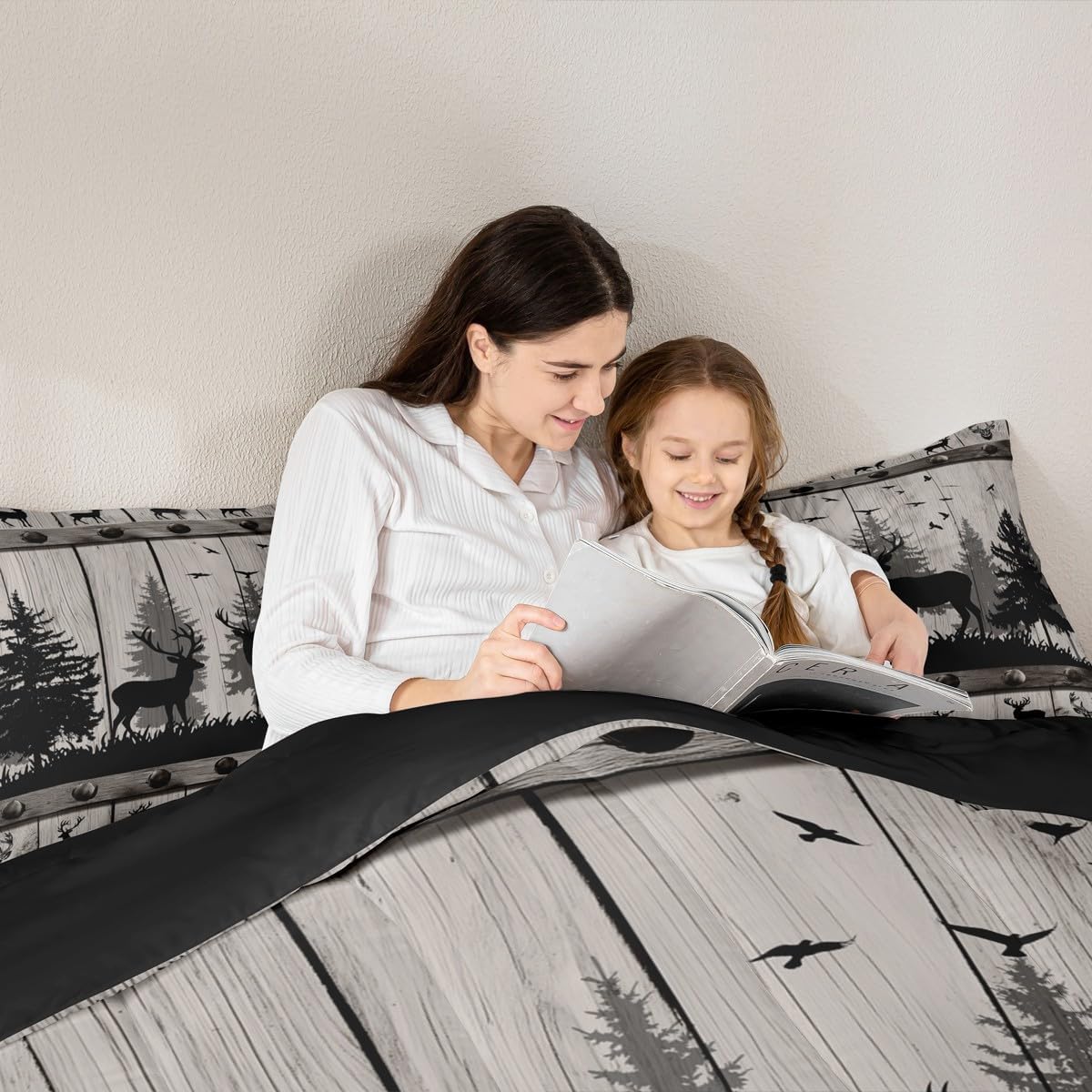 Feelyou Moose Print Comforter Set Queen Size Rustic Cabin Bedding Set for Kids Boys Girls Wildlife Hunting Duvet Quilt Forest Bedroom Decor Microfiber 3 Pcs with 2 Pillow Cases