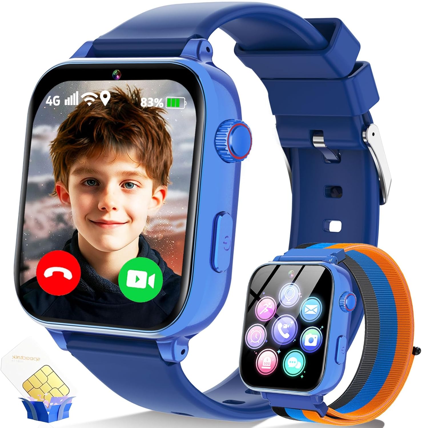 4G Kids Smart Watch Phone GPS, Smartwatch for Boys Girls Ages 4-12 Years with Video Call Chat Class Mode SOS Camera Alarm Games Parental App Touch Watch Gifts for Children (Includes SIM Card) Blue