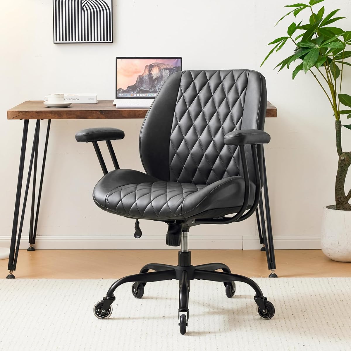 YFO Home Office Desk Chair Office Rubber Casters Ergonomic Computer Chair with Lumbar Support Adjustable Height Rolling Swivel Executive Task Armrests Chair， Black PU