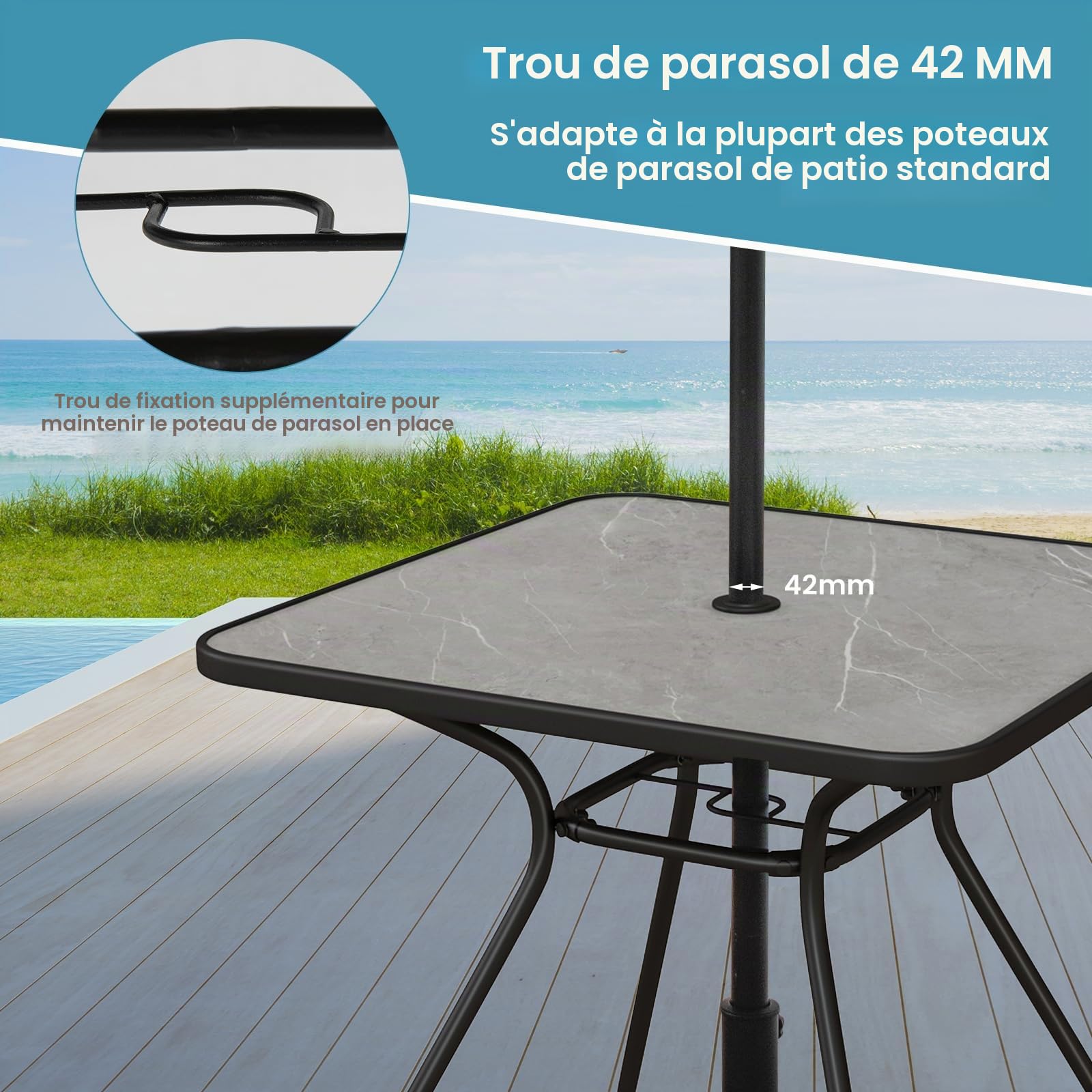 Giantex Table de Jardin, Table avec Trou Central pour Parasol, Table Carrée Extérieure, Cadre en Métal, Capacité de Charge 100 kg, Plateau Imitation Marbre, Noir