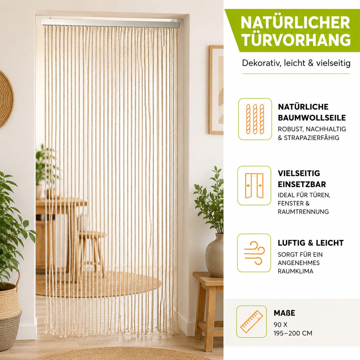 Kobolo Seilvorhang MARITIM 90x195/200cm beige, Türvorhang mit 54 Strängen je 1cm, Fadenvorhang als Insektenschutz & Raumteiler, dekorativer Schnurvorhang, für Balkon und Terrasse