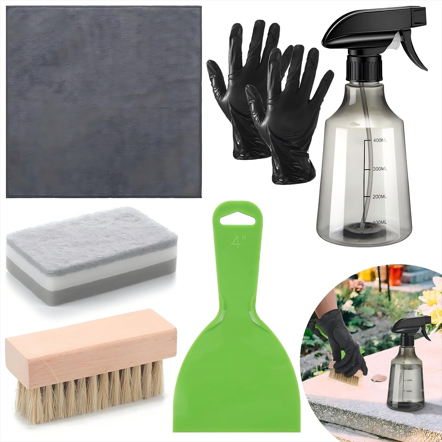 Hahafelt 7 Pcs Headstone Cleaner Kit Includes Microfiber Cloth Spray Bottle Bristle Brush Headstone Sponge Disposable Gloves Plastic Scraper for Grave Cleaning Gravestone Cleaner Grave Granite