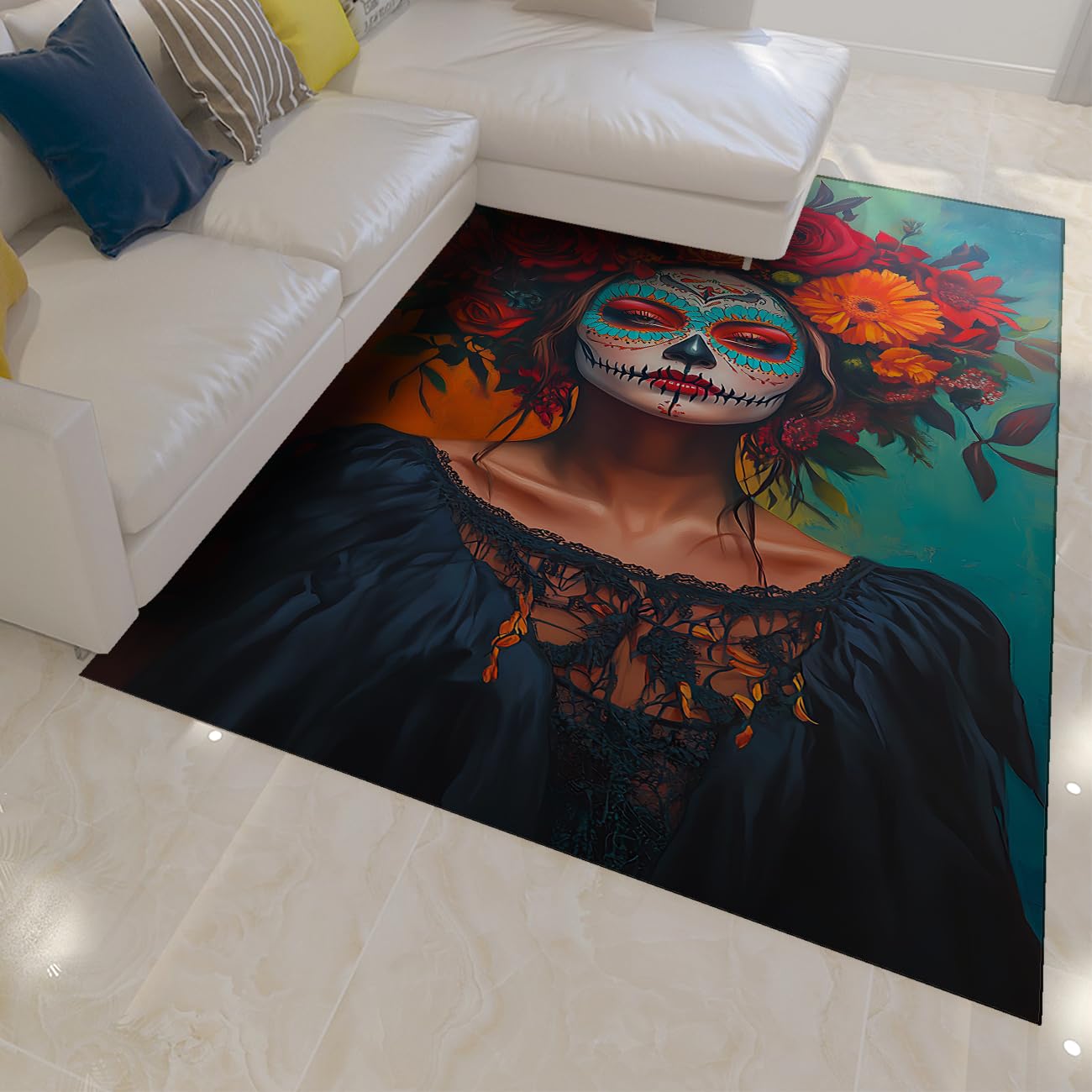 Dywan 120 x 180 cm Dzień Umarłych do salonu Cukrowa czaszka z antypoślizgowym spodem Zmywalna mata Meksykańska Girlanda kwiatowa damska Duży odporny na plamy