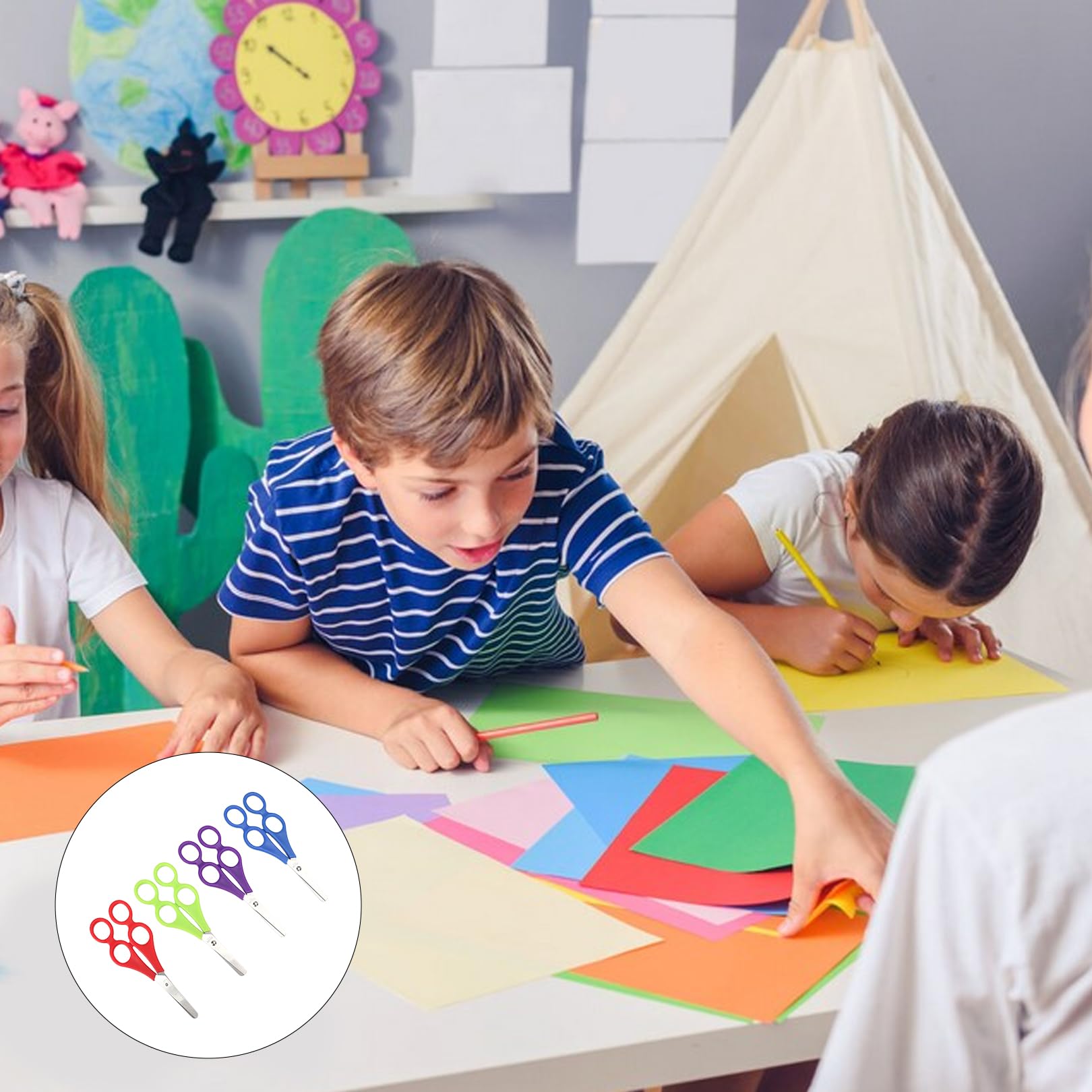 4 Stück Lernschere für Kinder,Helferschere mit 4 Ringen und Doppelgriff,Sicherheitsschere aus Kunststoff für Kleinkind,Bastelschere für Kindergarten und Schule,Kinderschere für erste Schneideübungen