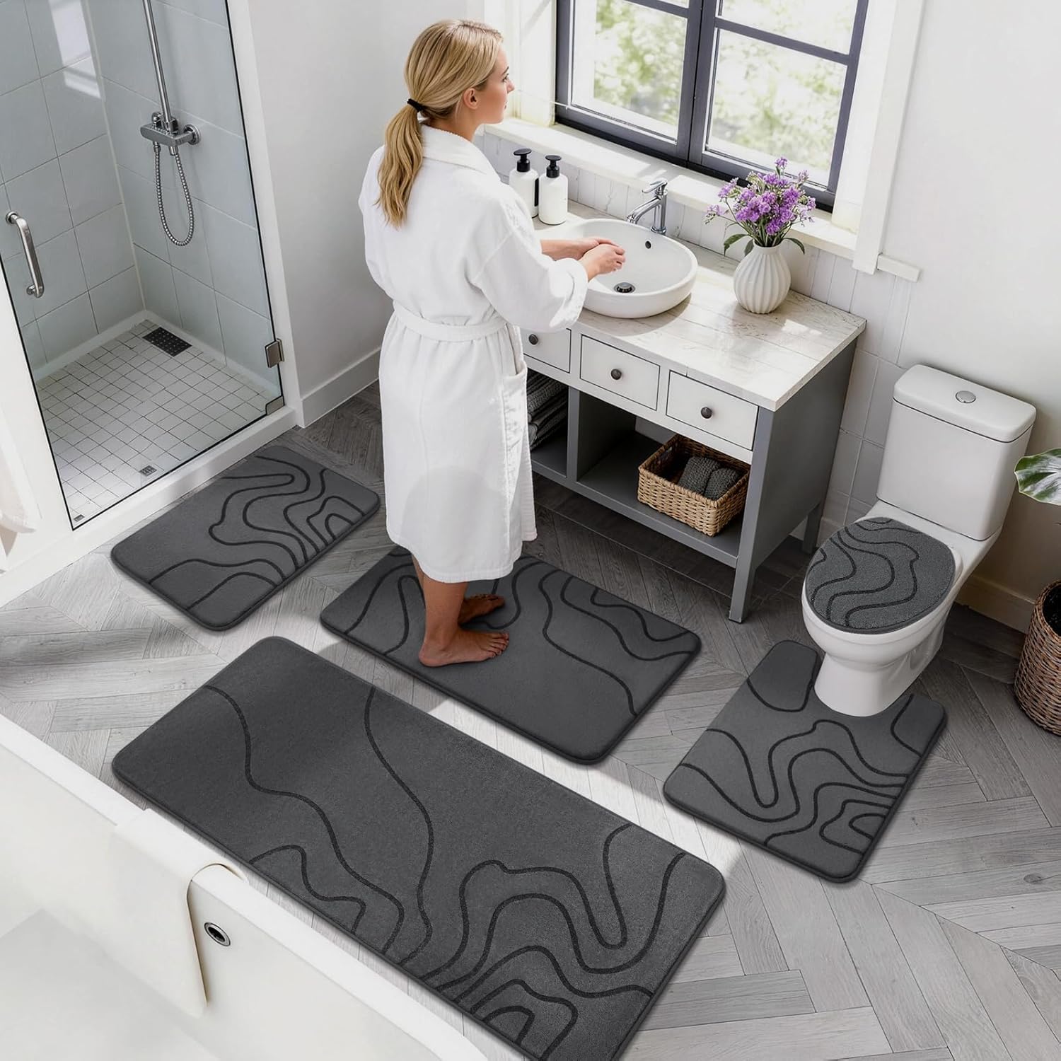 YIHOUSE Memory Foam Bathroom Rugs Sets 2 Piece - 1" Thick Ultra Soft Absorbent Bath Mat Set, Non-Slip Machine Washable Bath Rugs for Bathroom, Tub and Shower, Home Decor (17"x24"+20"x46", Dark Grey)