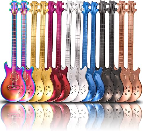 DEAYOU 14 cucharas de café para guitarra, cuchara pequeña de acero inoxidable 1810, cucharas creativas Demitasse expreso de 4.7 pulgadas para