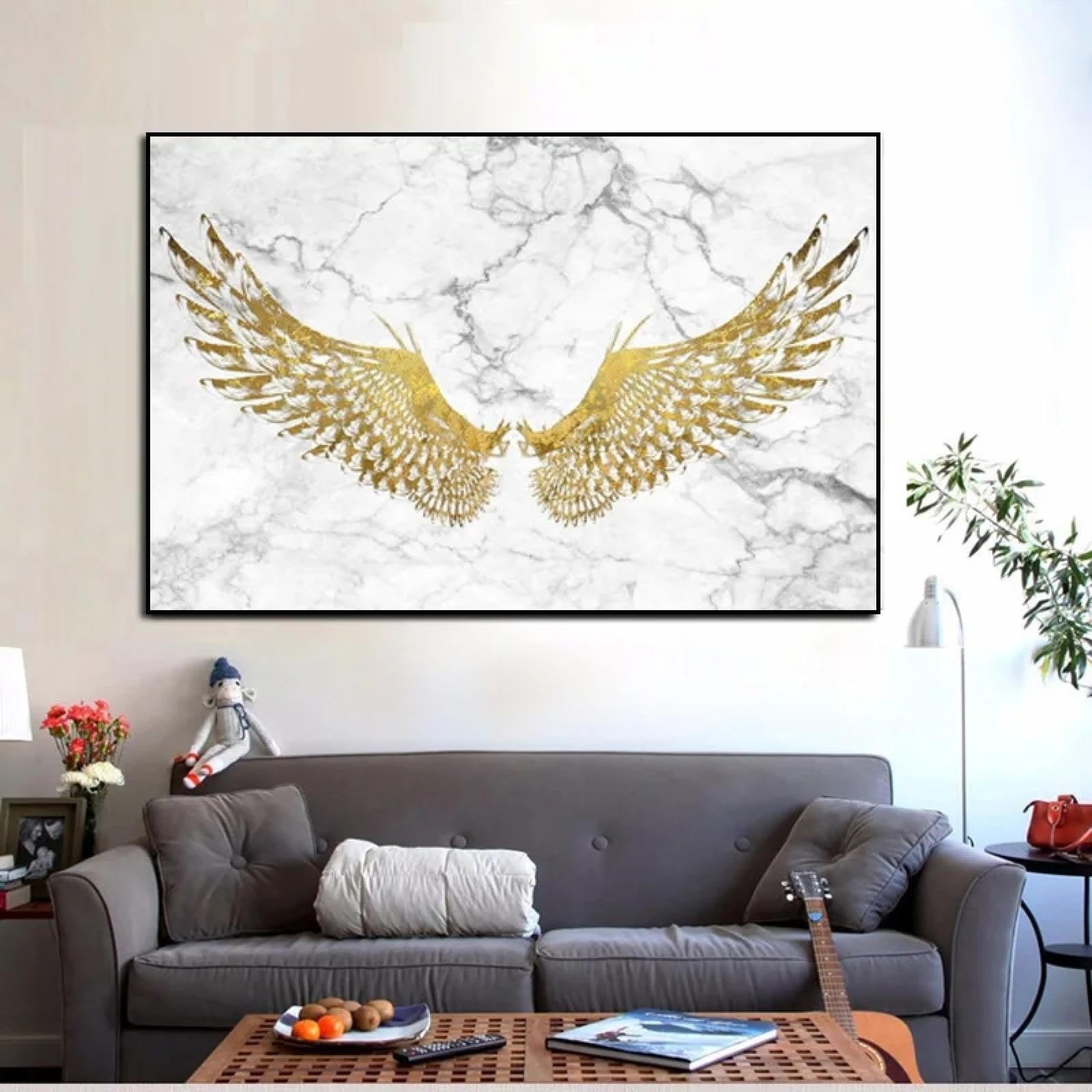 YAJNILUCK Abstrakcyjne złote skrzydła sztuka ścienna płótno obraz plakat obraz skrzydła anioła plakat nowoczesny dom salon dekoracja 60 x 80 cm (24 x 31 cali) z ramą