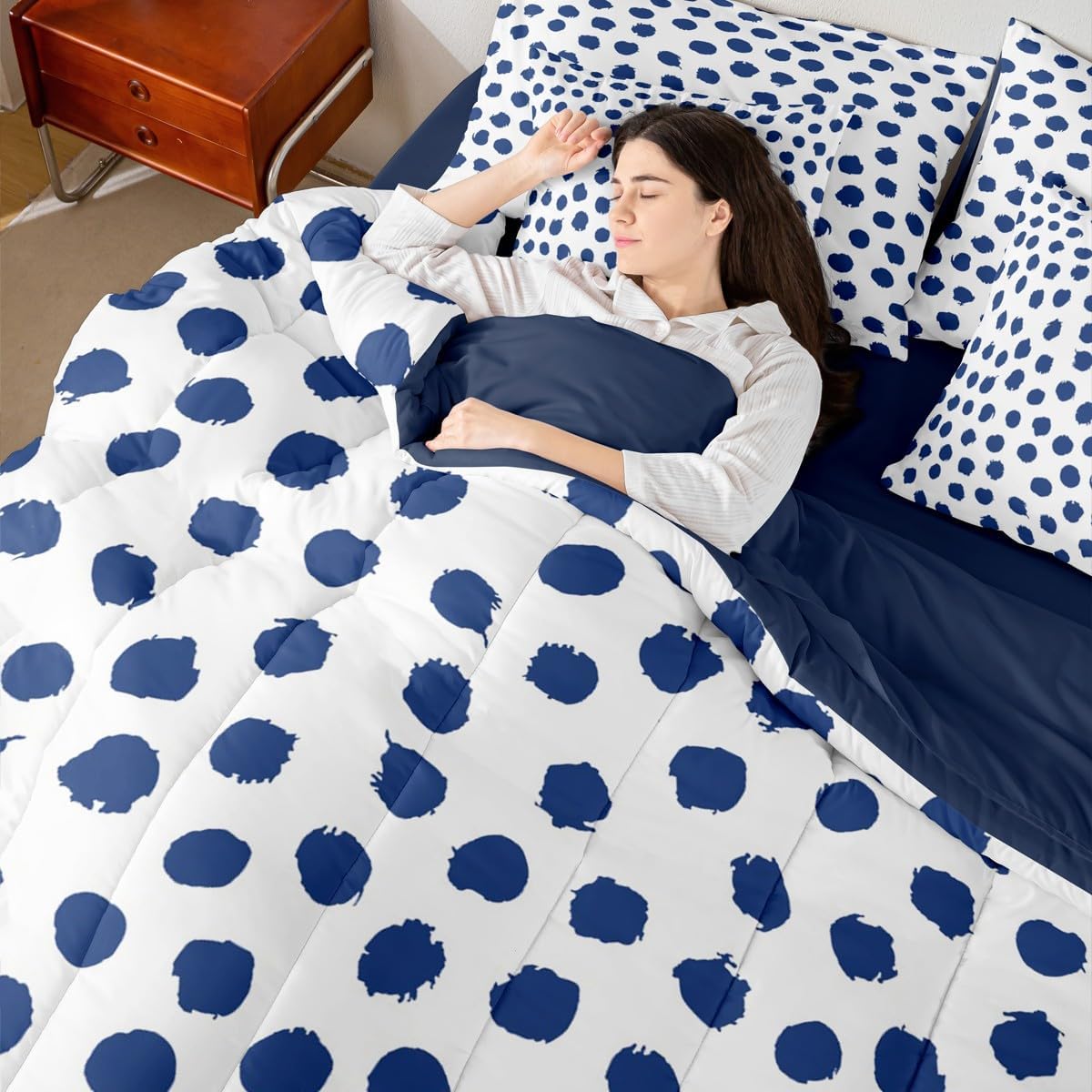 Erosebridal Boys Dots Bed in A Bag 7 Pcs Queen Size Polka Geometric Bed Set for Kids Men Brush Stroke Boho White Navy Blue Comforter Set Lightweight Sheet Set