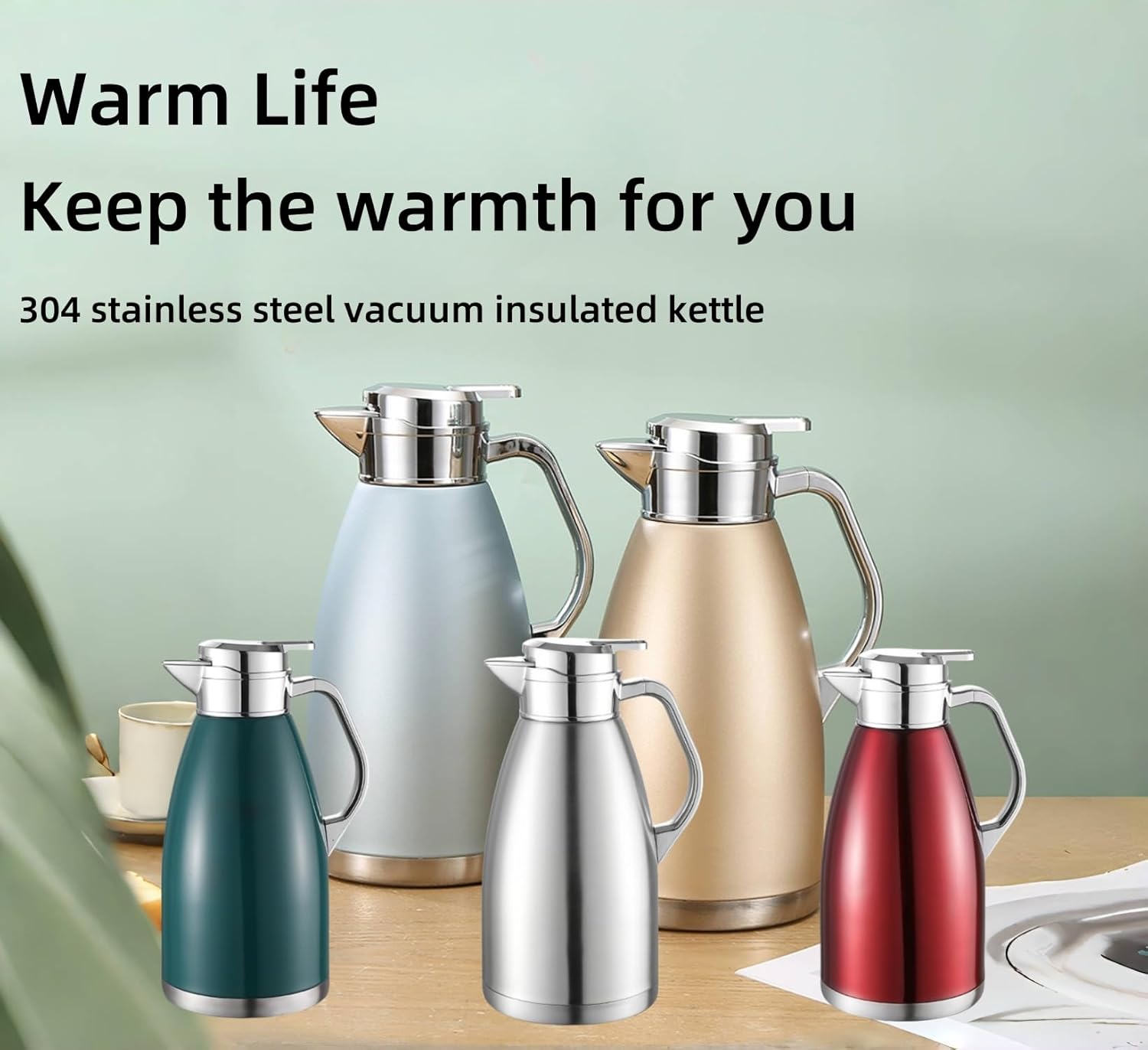 304 Stainless Steel Double-layer Inner Kettle 64oz Large Capacity Suitable for Storing Hot Water, Tea, Coffee, Ice Cubes, etc. Frosted Body Anti-dirty, Water Stains, etc. (Green)