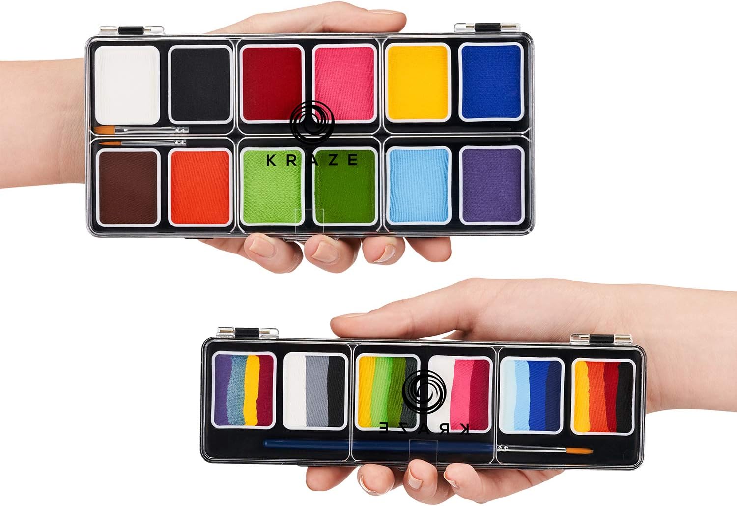 Kraze FX Face Paint Palette Set Of 2 - Fundamentals & Splash, Value Pack of 12 Basic Solid Colors & 6 Fun Split Cakes Palette with Brushes, Professional Face Painting Starter Kit