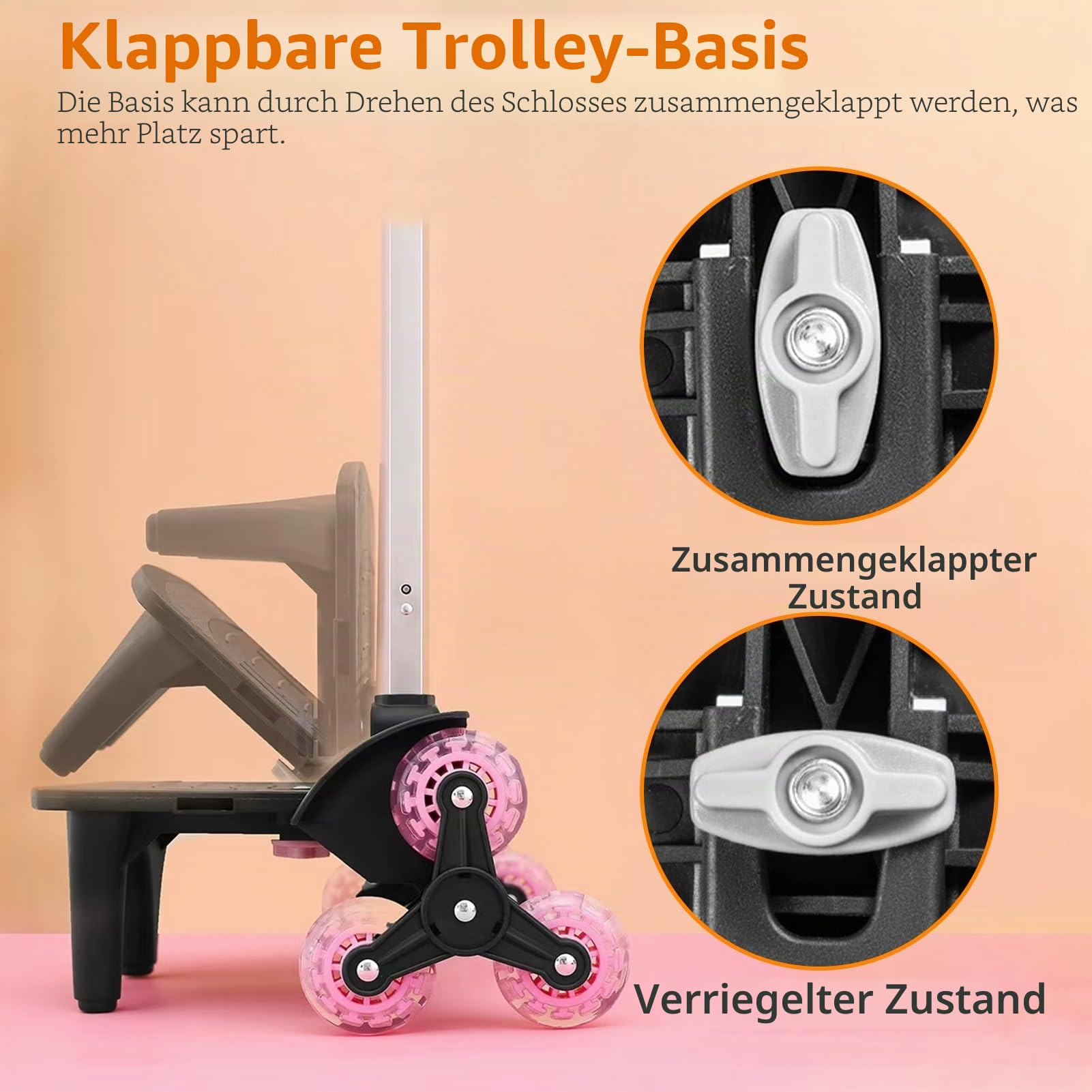 Leichter faltbarer Rückenkarren - 3-Rad-Sackkarre mit Gurt - Tragbarer faltbarer Wagen für Rucksack, Reisen, Transport und täglichen Gebrauch