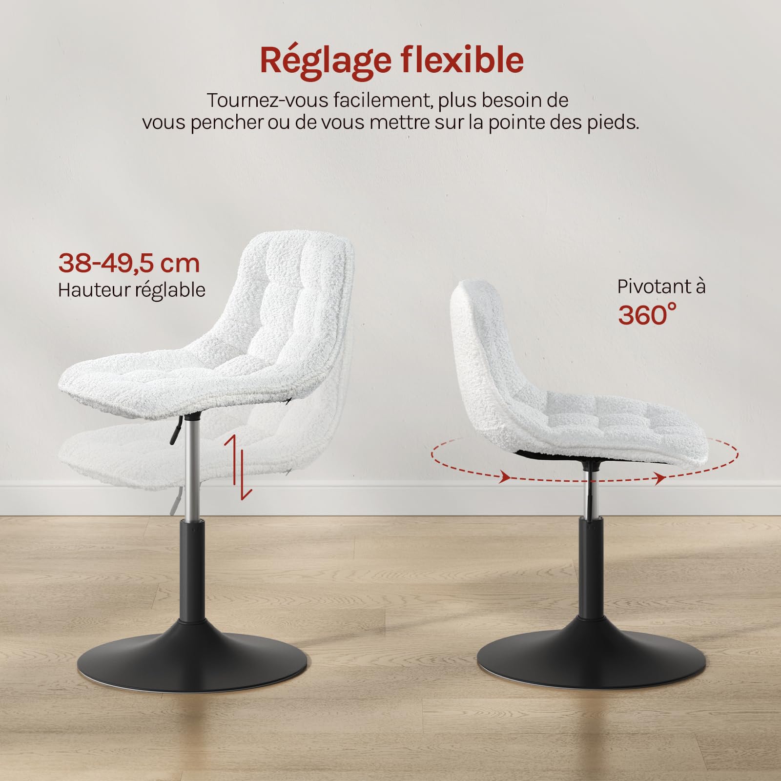 WOLTU Tabouret de Coiffeuse, Chaise de Maquillage Pivotante avec Dossier et Réglable en Hauteur, pour Salon, Chambre à Coucher, Salle à Manger, Bureau à Domicile, Chenille, Blanc