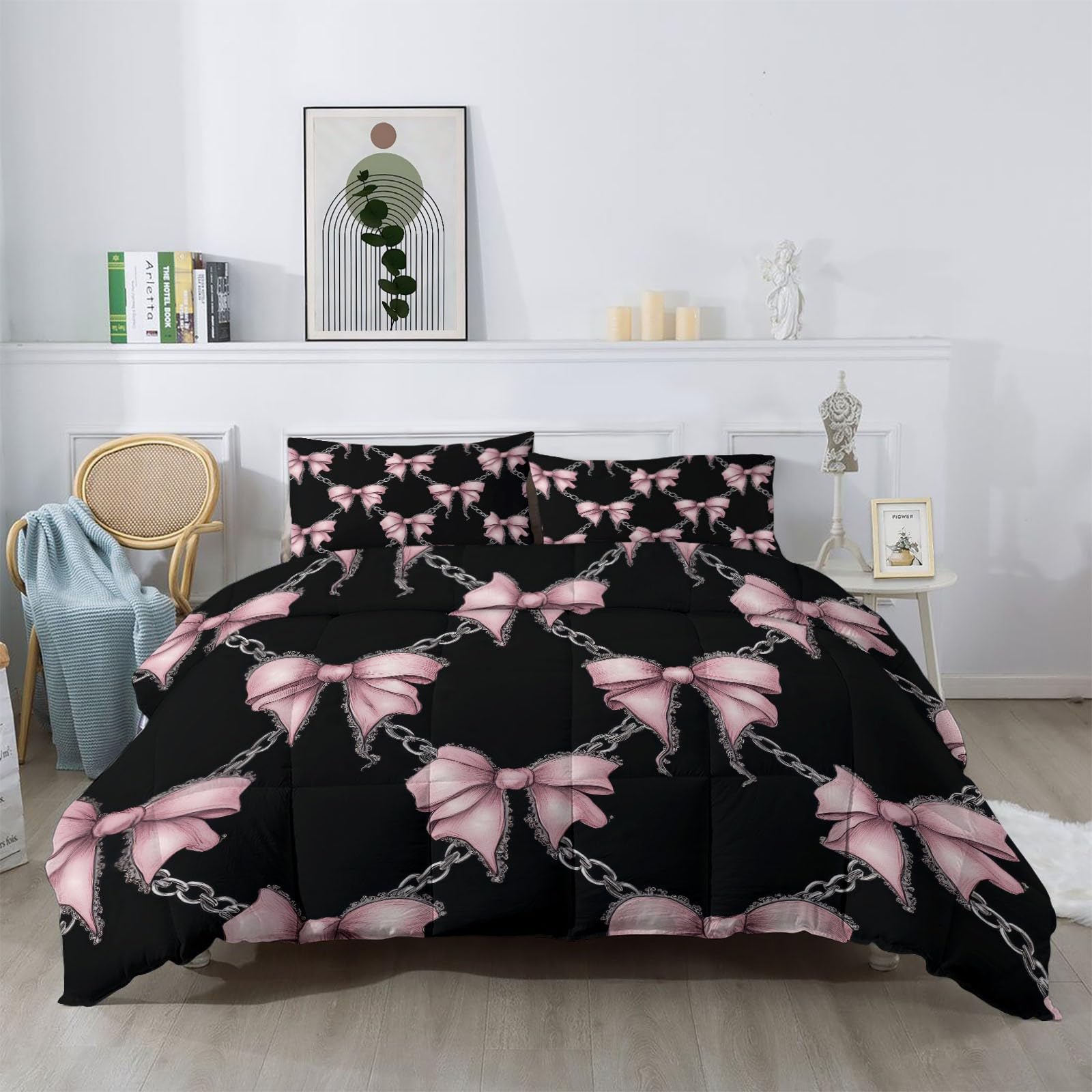 Kołdra 140 x 200 cm, komplet pościeli z nadrukiem w stylu retro i kobiecym, odwracalna kokarda, kołdra puchowa z 2 poszewkami na poduszki na lato, zimę dla dorosłych na każdą porę roku, czarno-różowa