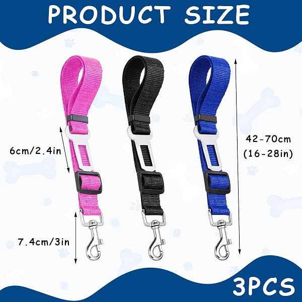 Lot de 3 ceintures de sécurité réglables pour chien - Harnais de sécurité réglable - Harnais de sécurité pour tous les chiens et chats - Noir, bleu, rose - 2