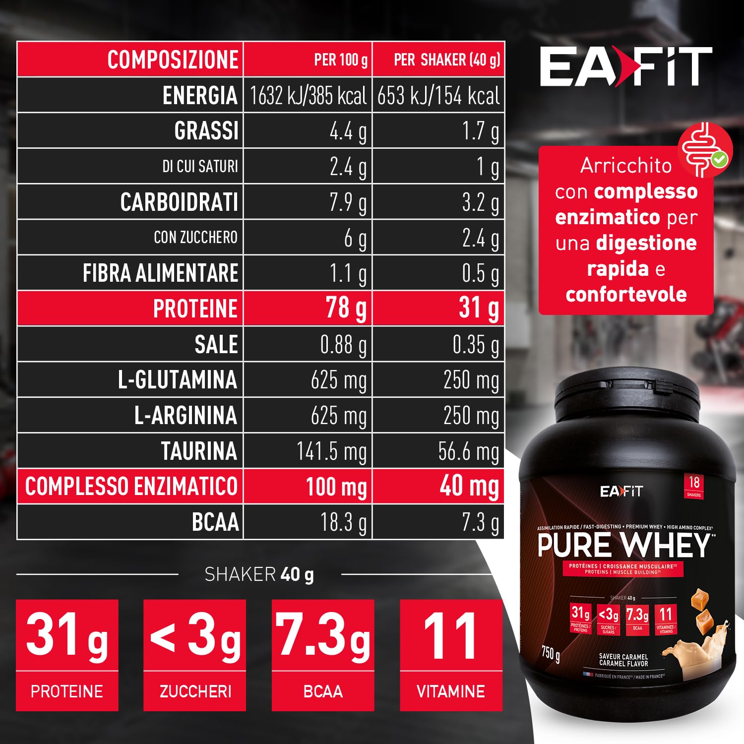 EAFIT Pure Whey - Caramello 750 g - Crescita Muscolare - Proteine WP tri-fonte - Rapida Assimilazione - Contiene Aminoacidi ed Enzimi Digestivi - Complesso HIGH AMINO - Certificato Anti-doping
