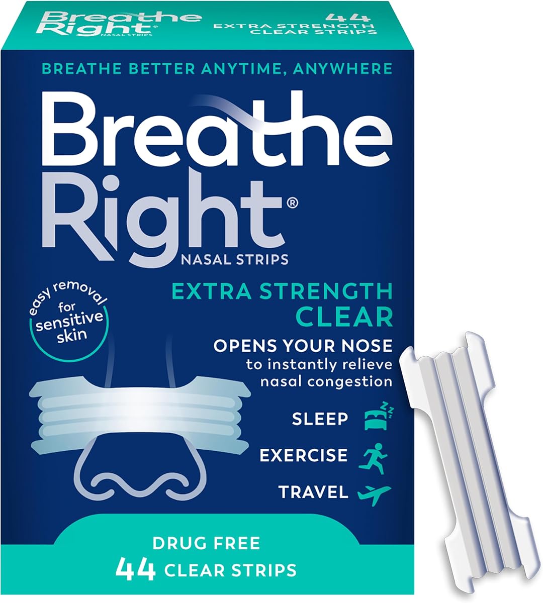 Tiras nasales Breathe Right, extrafuertes, congestión nasal, transparente, 44 unidades | Abre la nariz y aumenta el flujo de aire nasal, ayuda a aliviar la congestión nasal para respirar mejor, sin drogas, úsalo en cualquier momento y en cualquier lugar.