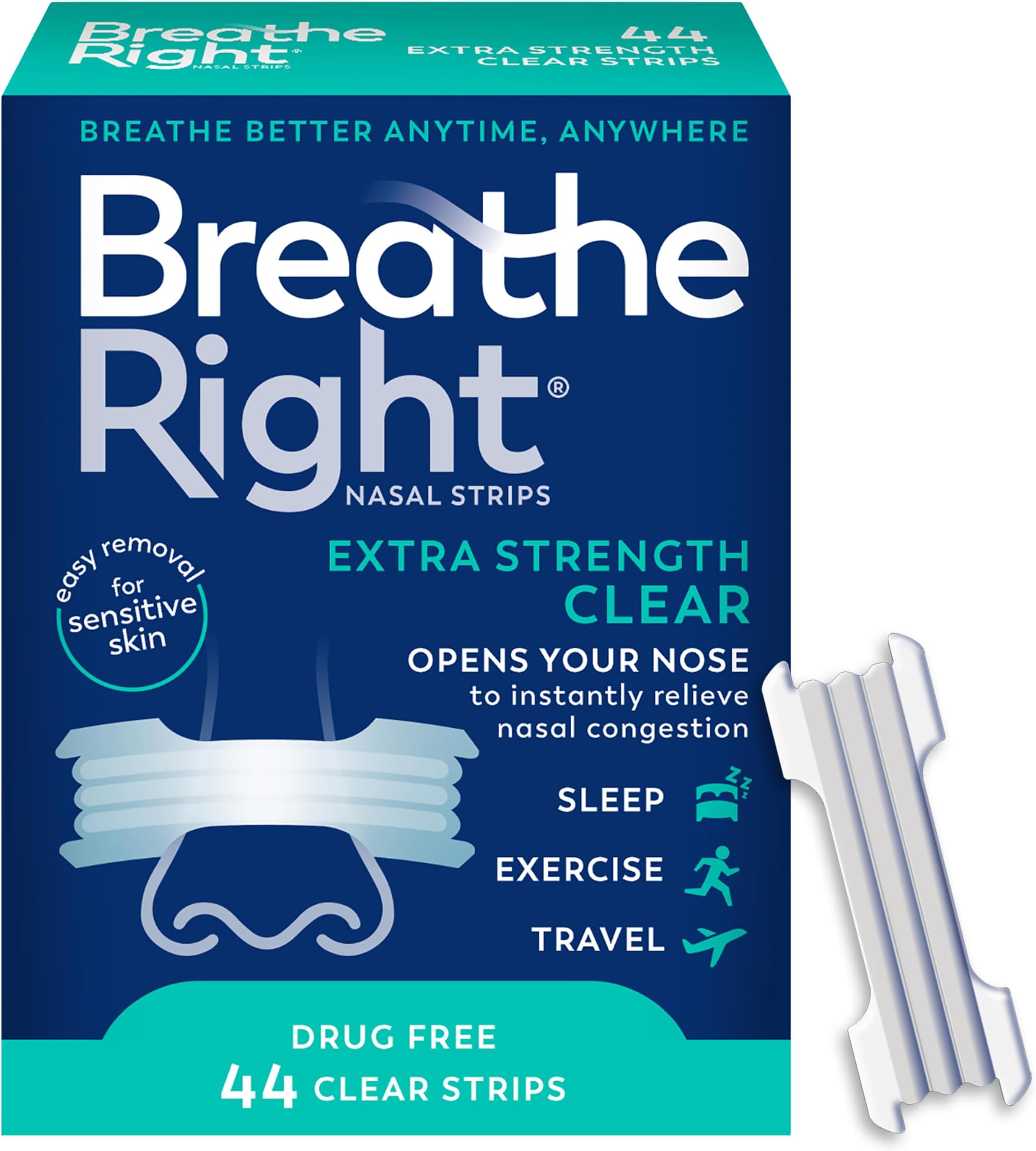 Breathe Right Nasal Strips | Extra Strength | Clear | for Sensitive Skin I Drug-Free Snoring Solution & Nasal Congestion Relief Caused by Colds & Allergies | 44 Count (Packaging May Vary)
