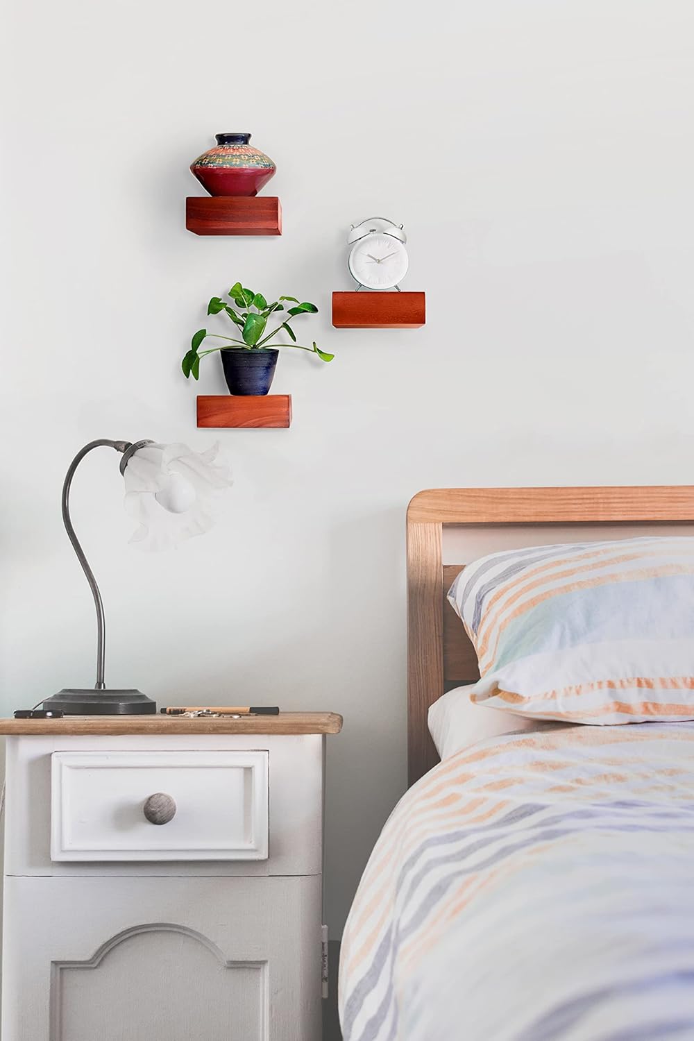 Solid Wood Small Size Floating Wall Shelves, Set of 3 Home Decor in Mahogany Color, Holds 30 Ibs Each Easy Installation for Living Room, Bedroom, Bathroom, Kitchen, and Office.