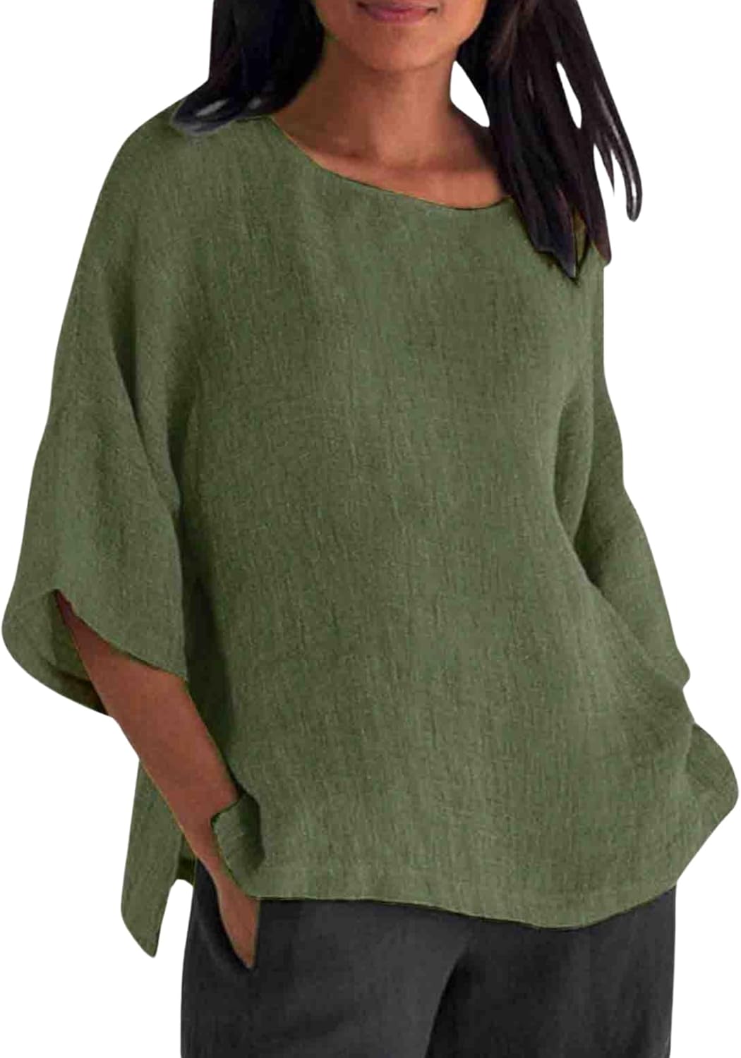 Spring Tops for Women 2025 3/4 Length Sleeve Womens Tops Linen Shirts Crewneck Tunic Loose Fit Plus Size Vacation Blouses