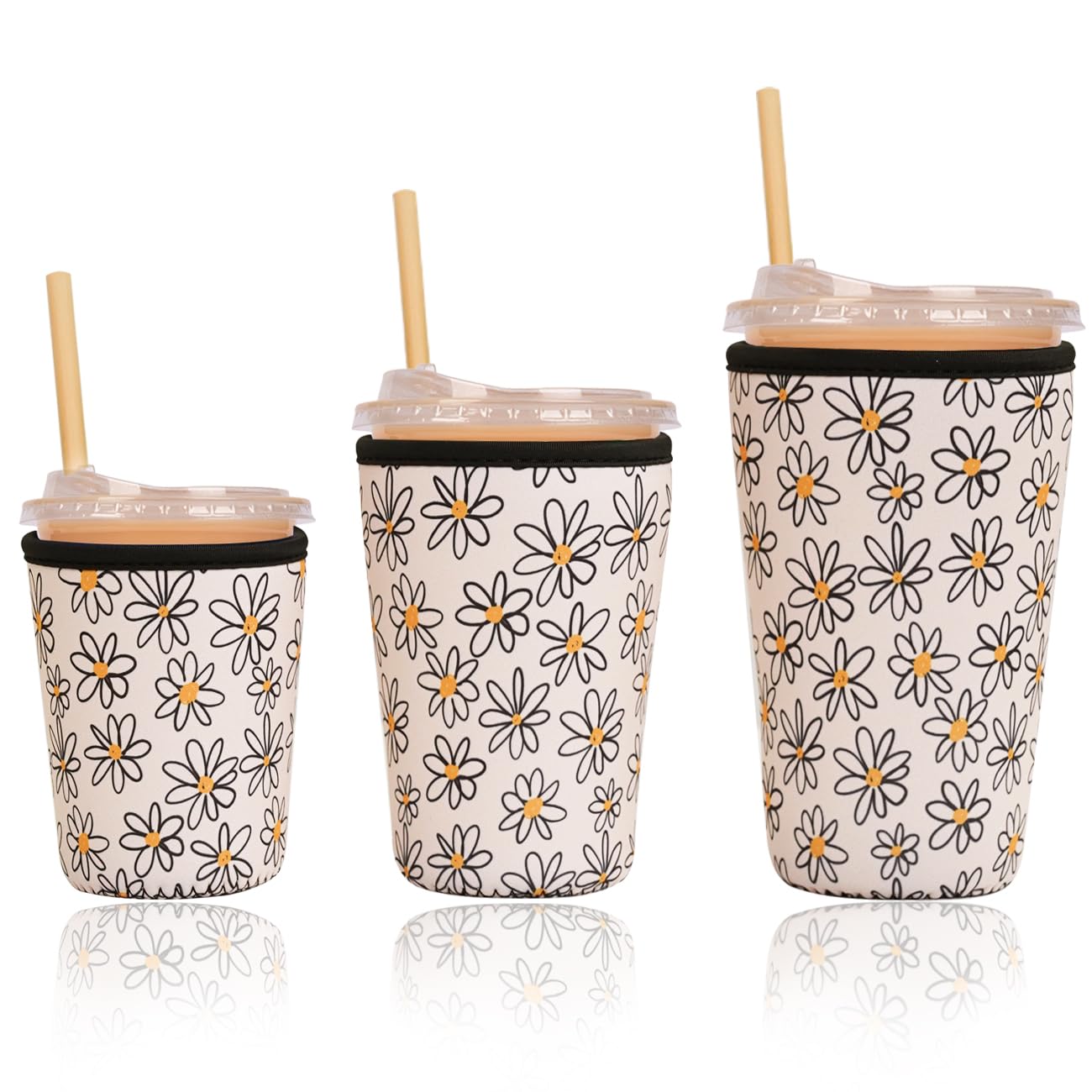 Reusable Insulated Sleeve for Iced Coffee Cup, 3-Pack Coffee Neoprene Drink Sleeve for Cold &amp; Hot Drinks, Beverage Holder for Iced Coffee (Line Daisies)