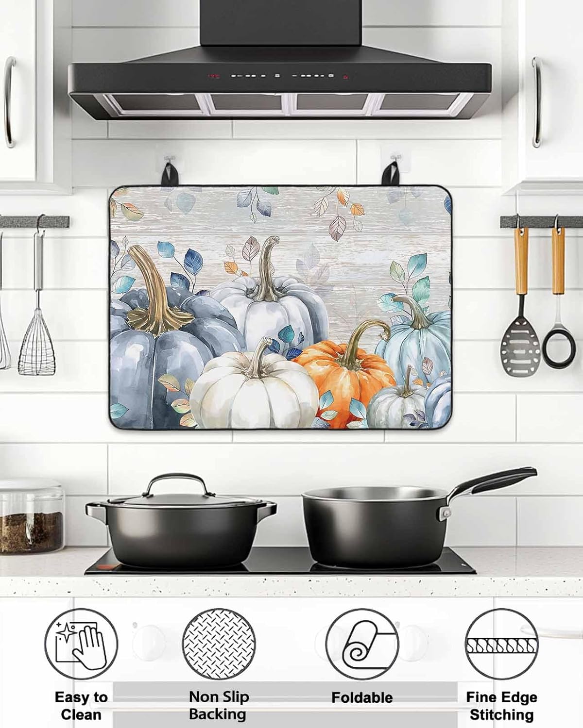 Fall Pumpkin Stove Top Covers for Electric Stove, Grass Green Eucalyptus Wood Grain Glass Ceramic Stove Cover Foldable Rubber Mat Heat Resistant Cooktop Protector for Kitchen 31''x24''