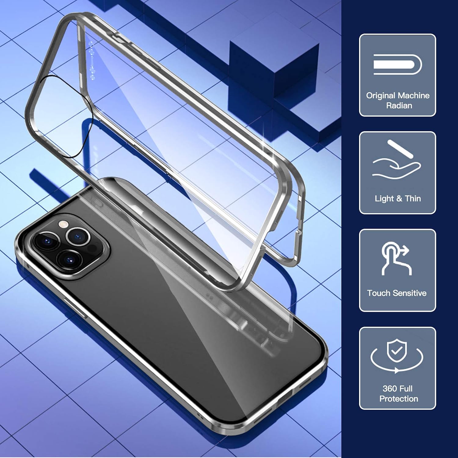 Magnetic Case Compatible with iPhone 12 Pro Max, Double Sided HD Clear Tempered Glass Magnetic Cover, [Magnet Metal Bumper Frame] Full Protection Case Designed for iPhone 12 Pro Max Silver(6.7")